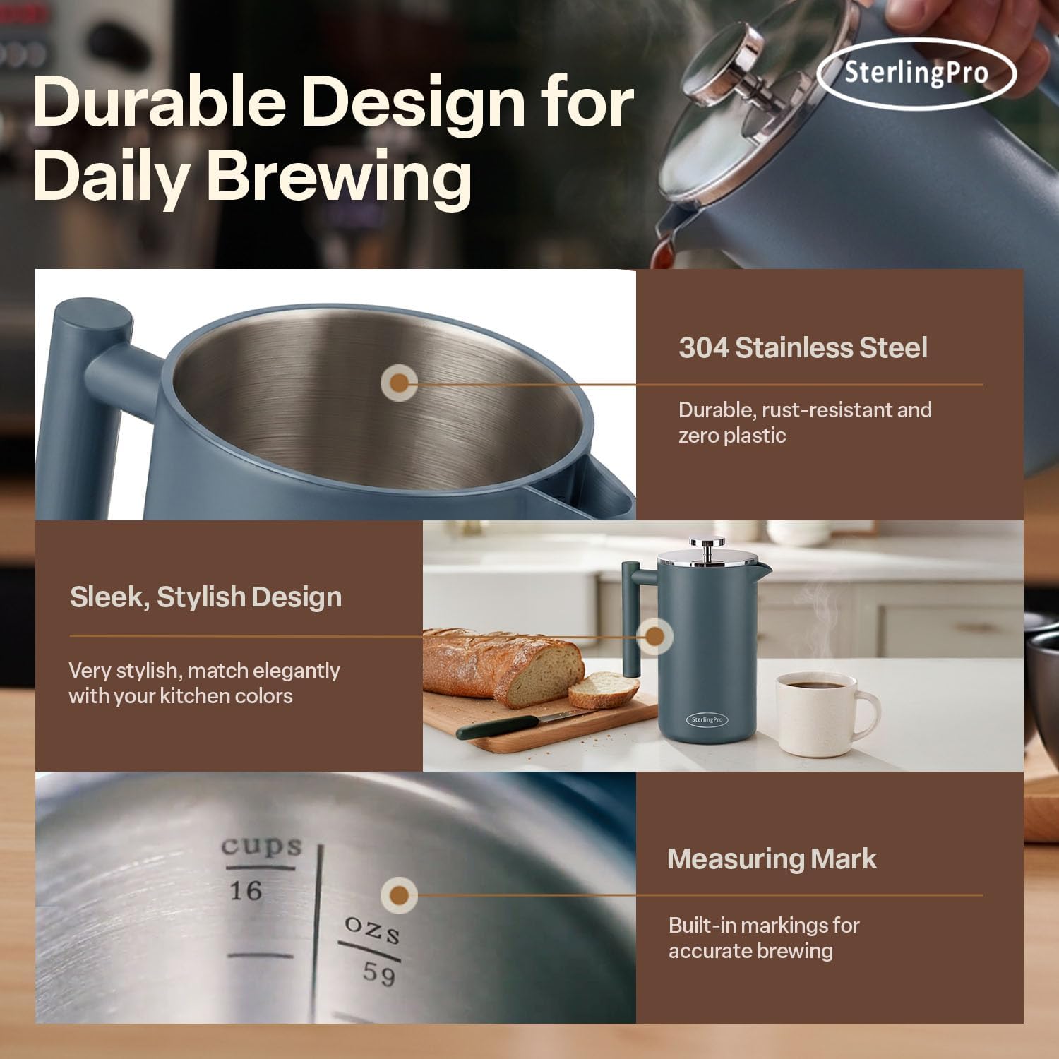 SterlingPro Large Insulated Stainless Steel French Press Coffee Maker 51oz Capacity (44 oz Brew Yield) – Double Wall Metal Coffee Press | Plastic Free | Cool-Touch | Mirror Finish | 12 Cups / 6 Mugs