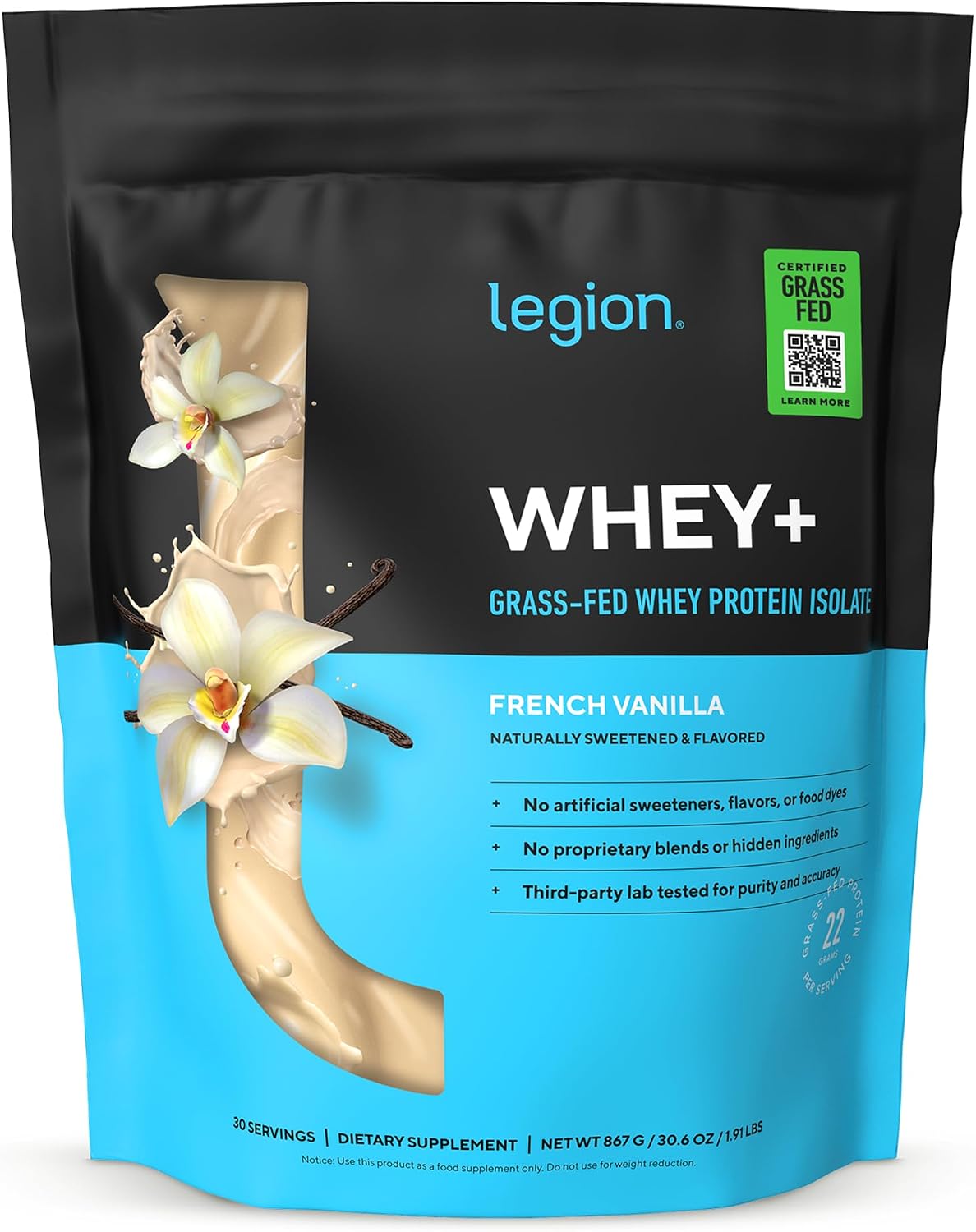 LEGION Whey+ Protein Whey Isolate from Grass Fed Cows (French Vanilla, 30 Servings) - Whey Protein Isolate Powder, Low Calorie, Non-GMO, Sugar Free, Lactose and Gluten Free, All Natural Protein Powder