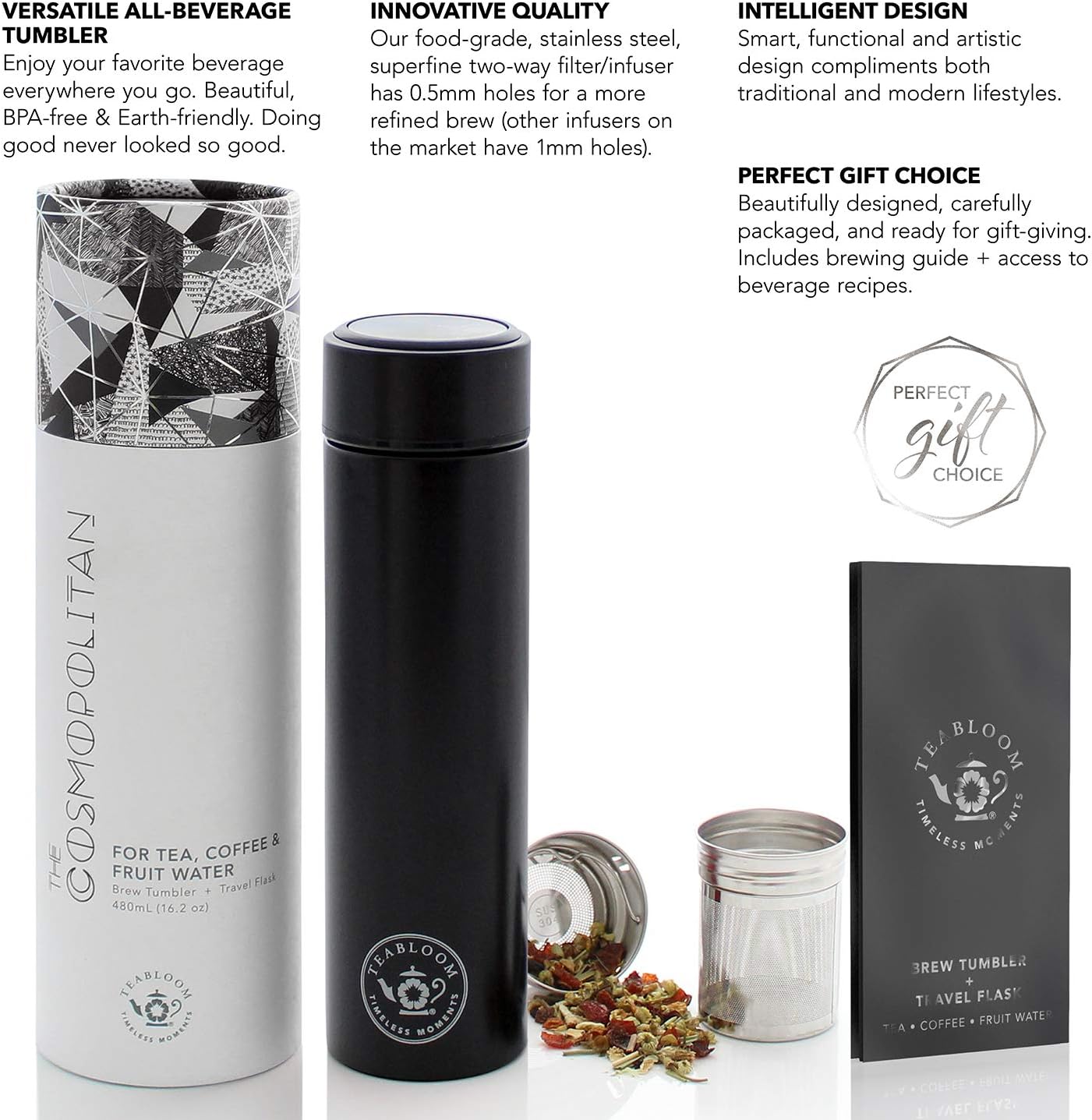 Teabloom - The ORIGINAL All-Brew Travel Tumbler & Thermos | OPRAH’s Favorite | 16oz/480ml Stainless Steel Insulated Water Bottle/Tea Flask/Cold Brew Coffee Mug