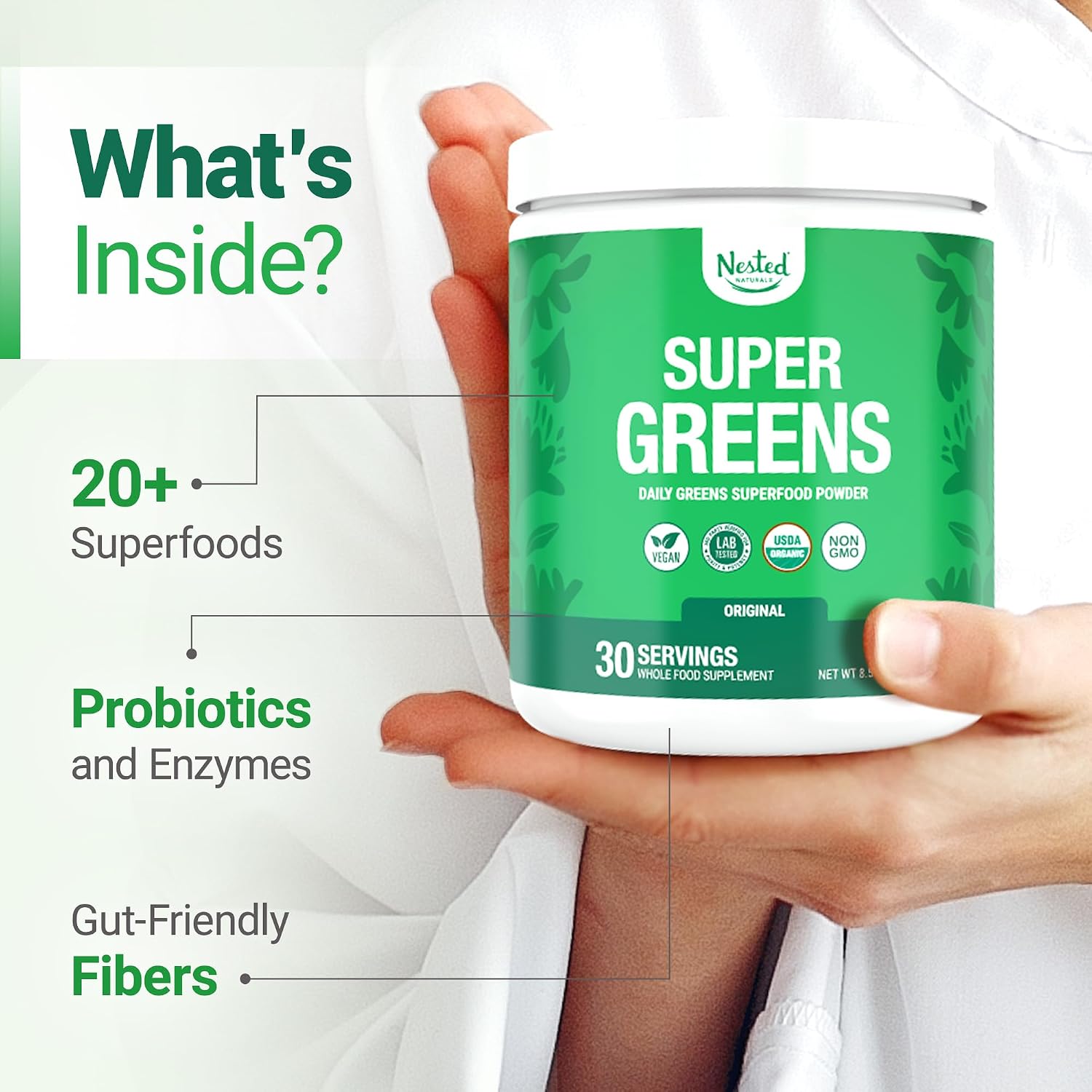 Nested Naturals Super Greens Daily Superfood Powder - Certified USDA Organic Green Powder w/20+ Whole Foods, Spirulina Powder,Wheat & Barley Grass - Probiotics, Fiber & Enzymes - Original Flavour, 30