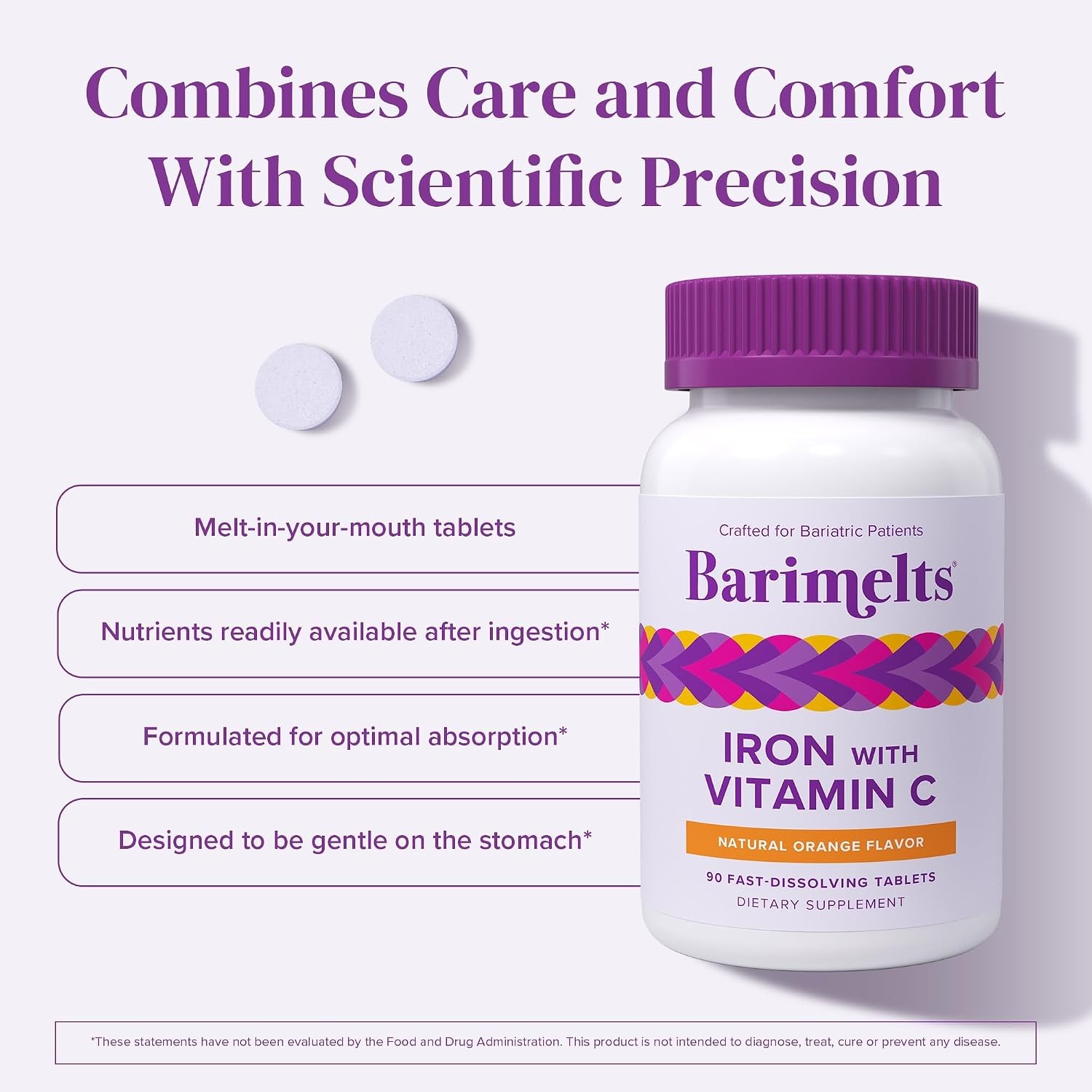 Barimelts Iron with Vitamin C, 90 Fast-Dissolving Tablets (1-Month Supply), Sugar-Free Bariatric Iron Supplement for Women, Natural Orange Flavor​