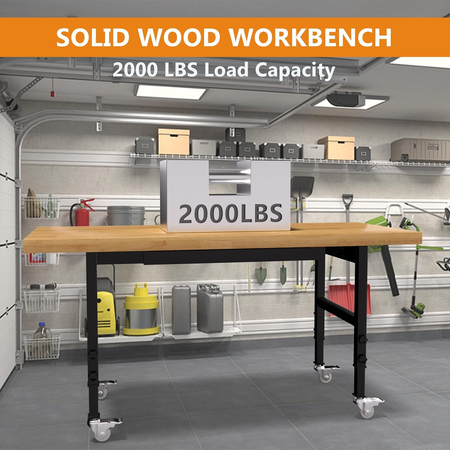 48" Heavy Duty Work Bench with Drawers, Adjustable Height Workbench with Wheels, 2000 LBS Capacity Work Table with Power Outlets for Garage, Workshop, Office, Home