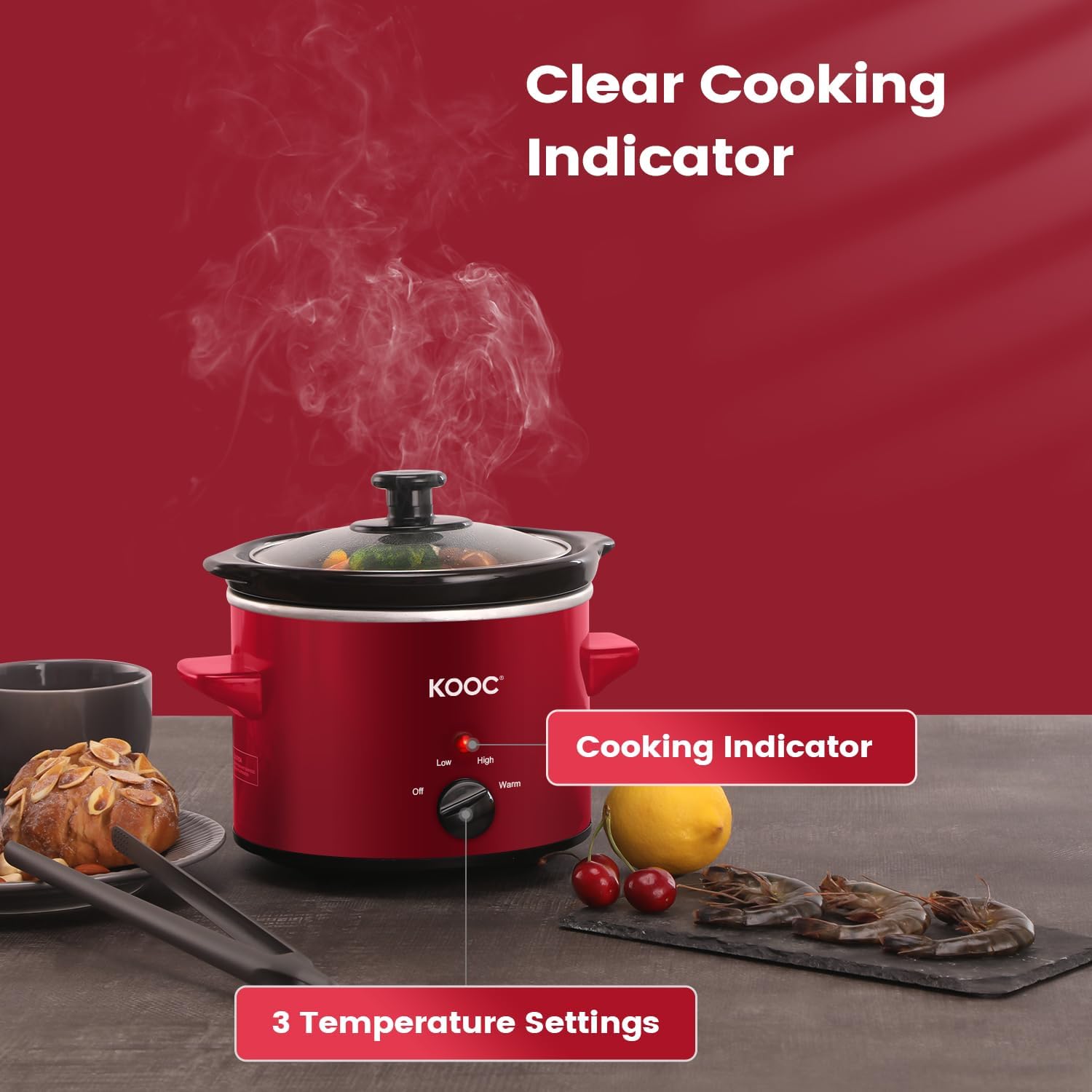 KOOC Small Slow Cooker, 2-Quart, Free Liners Included for Easy Clean-up, Upgraded Ceramic pot, Adjustable Temp, Nutrient Loss Reduction