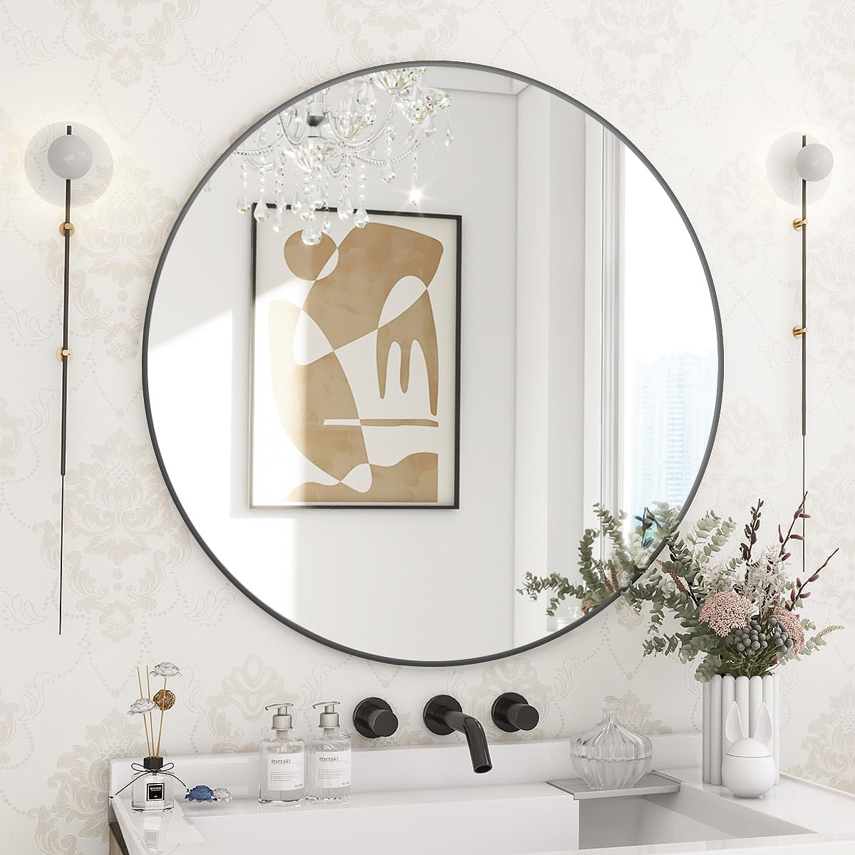 BEAUTYPEAK 24 Inch Round Mirror, Metal Frame Circle Mirror, White