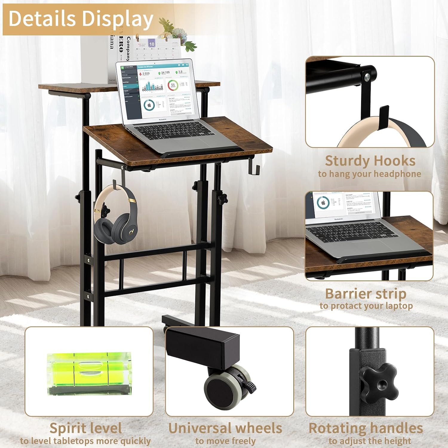 SIDUCAL Mobile Standing Desk, Portable Stand Up, Small Adjustable Converter with Wheels Home Office Workstation, Rolling Desk Laptop Cart for Standing or Sitting, Black