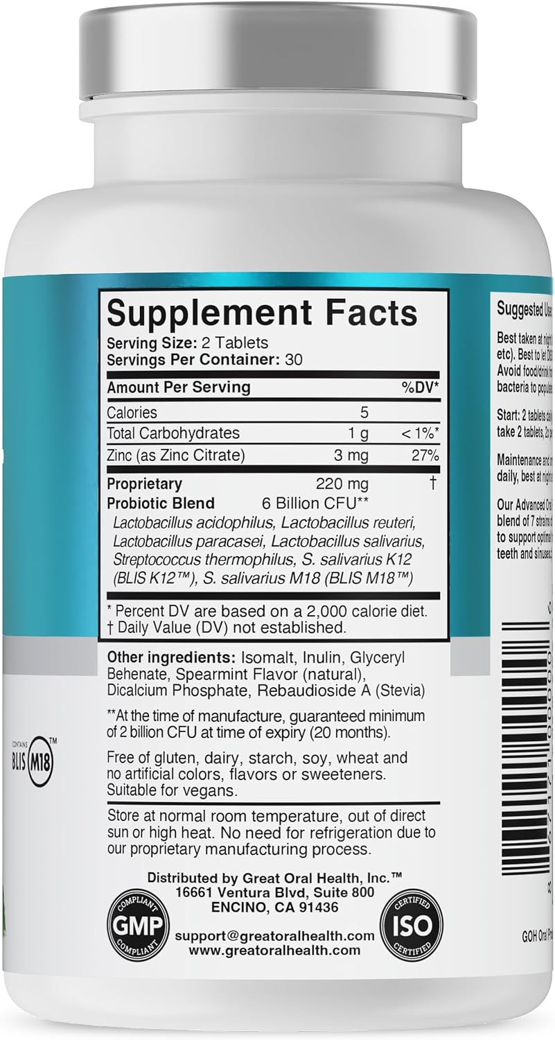 Oral Probiotics for Mouth Bad Breath Treatment for Adults; Dentist Formulated Dental Probiotics for Teeth and Gums Health & Chronic Halitosis with BLIS K12 M18, 60 Chewable Oral Health Tablets Mint