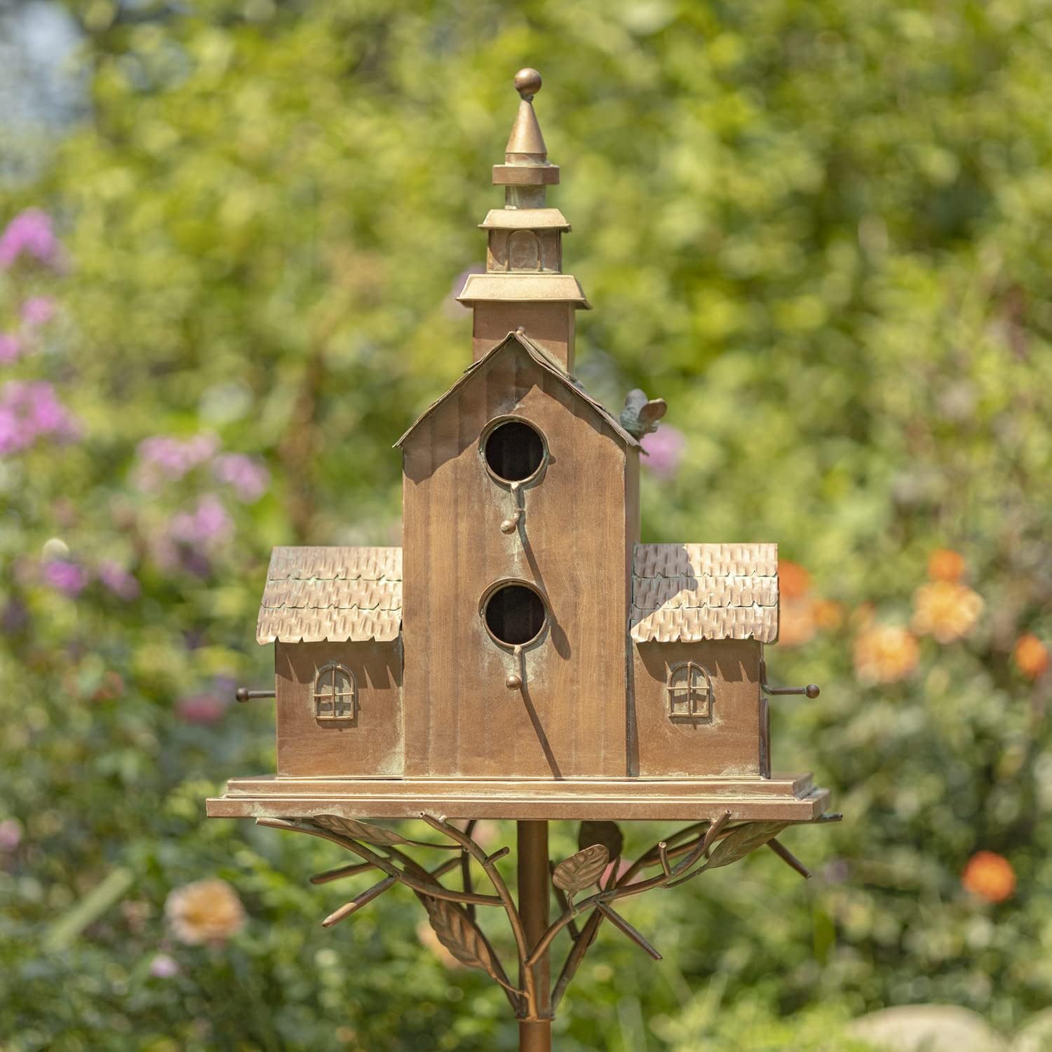 Large Copper Colored Multi-Birdhouse Stakes, Room for 4 Bird Families in Each (Cube Homes with Pyramid Roofs)