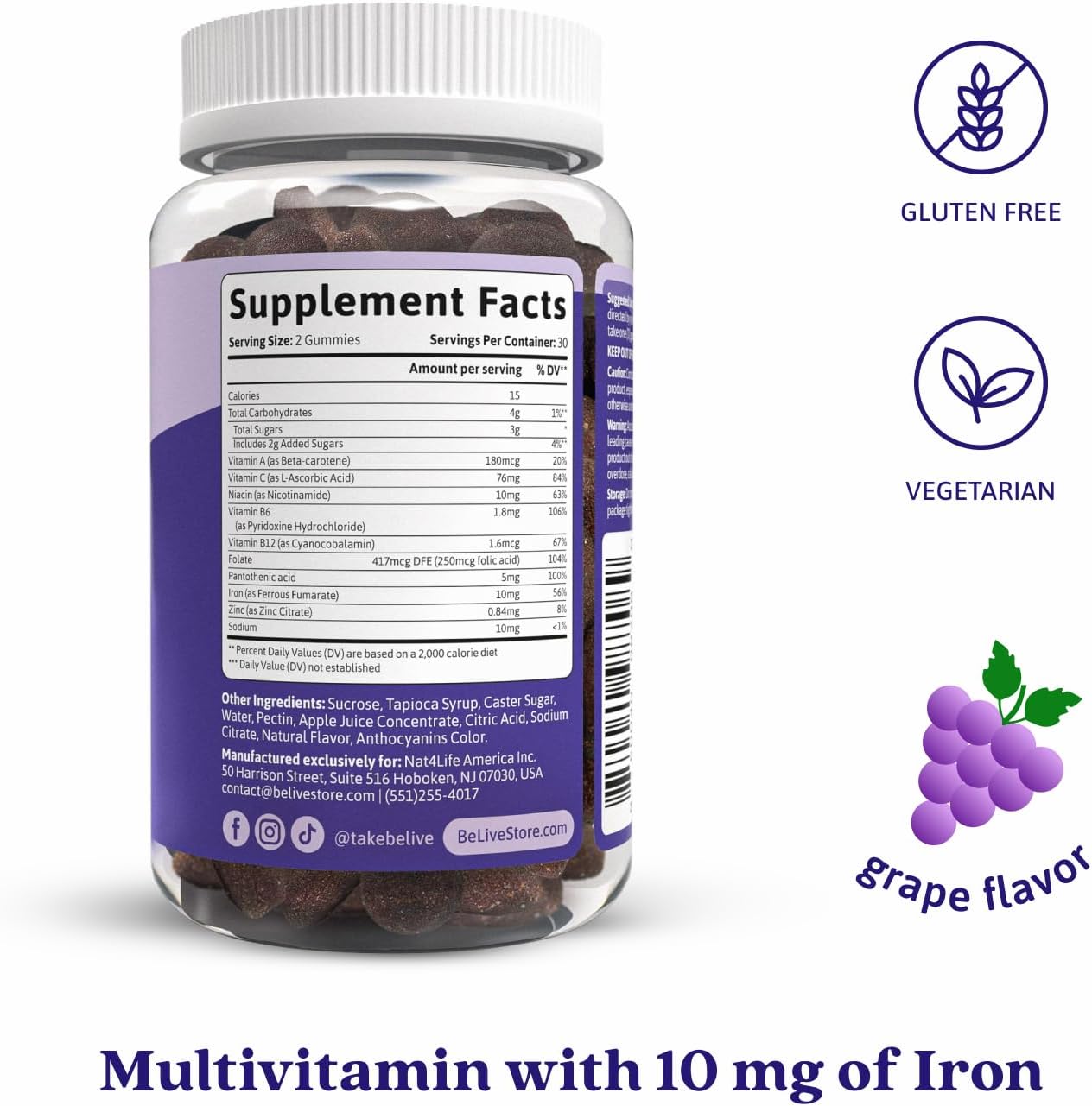 Belive Iron Gummies, Multivitamin Supplement, Blood Oxygen Support, 60 Ct | With Vitamin C, B Complex, Folate, and Zinc for Women, Men & Kids for Growth and Development, Grape Flavor