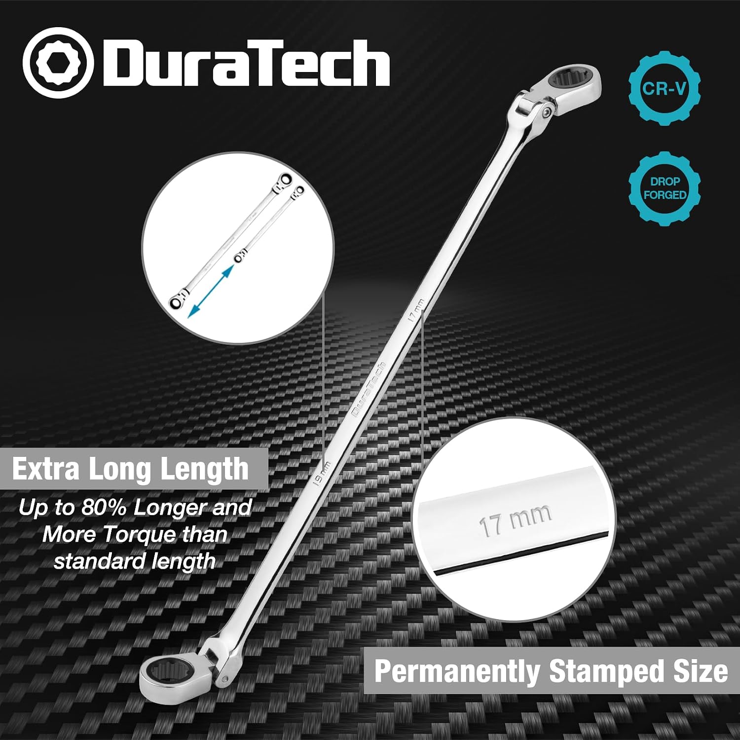 DURATECH Extra Long Flex-Head Ratcheting Wrench Set, Metric, CR-V Steel
