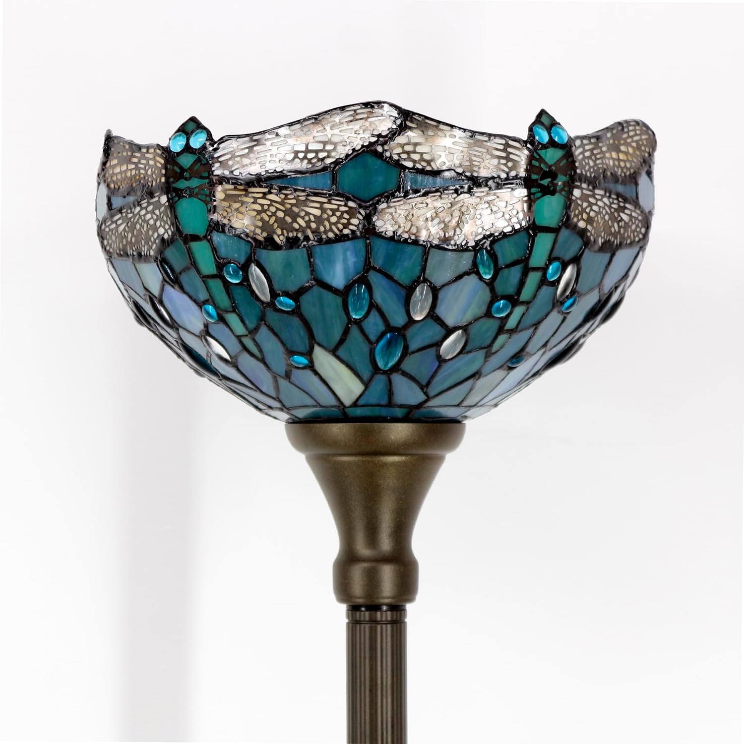 WERFACTORY Tiffany Floor Lamp Sea Blue Stained Glass Torchiere Pole Light | 12X12X71 Inches Dragonfly Standing Corner Torch Uplight Decor Bedroom