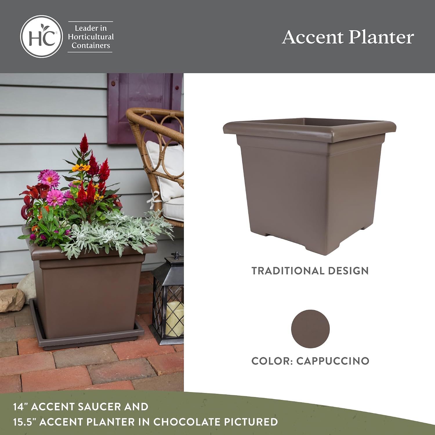 The HC Companies Accent Square Plant Pot w/Drainage - Classic Planters for Outdoor Plants & Indoor Plants - Lightweight & UV-Resistant Square Planter Box (15.5”, Sandstone, Pack of 1)
