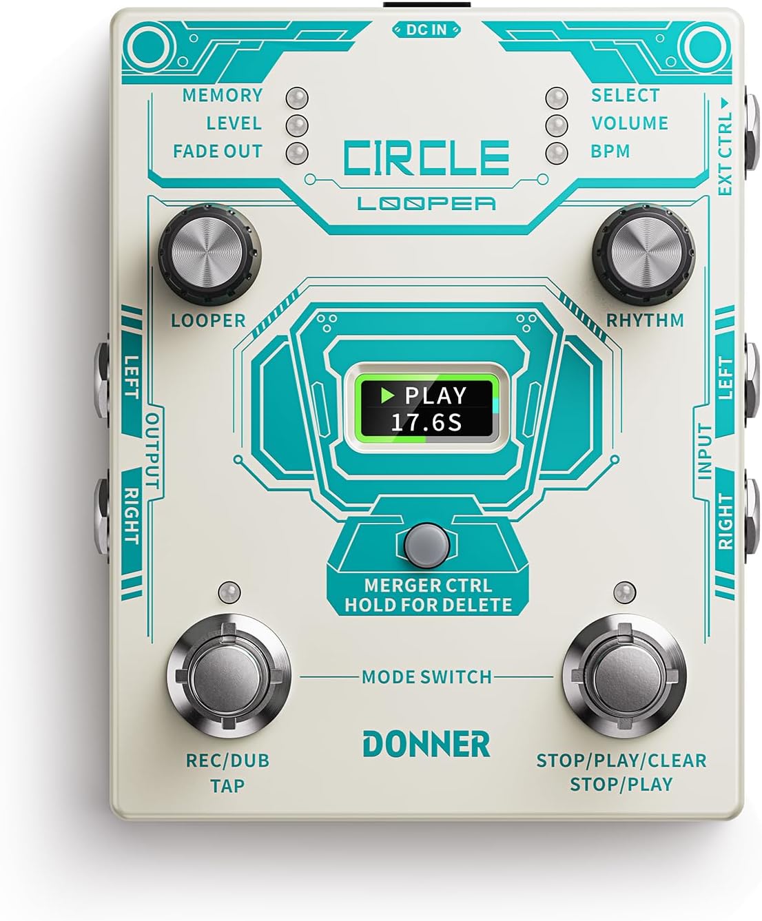 Donner Circle Looper Pedal Drum Machine, 2 in 1 Drum Looper Stereo Guitar Loop Pedals, 40 Slots 160 mins Loop with 110 Drum Grooves, Tap Tempo