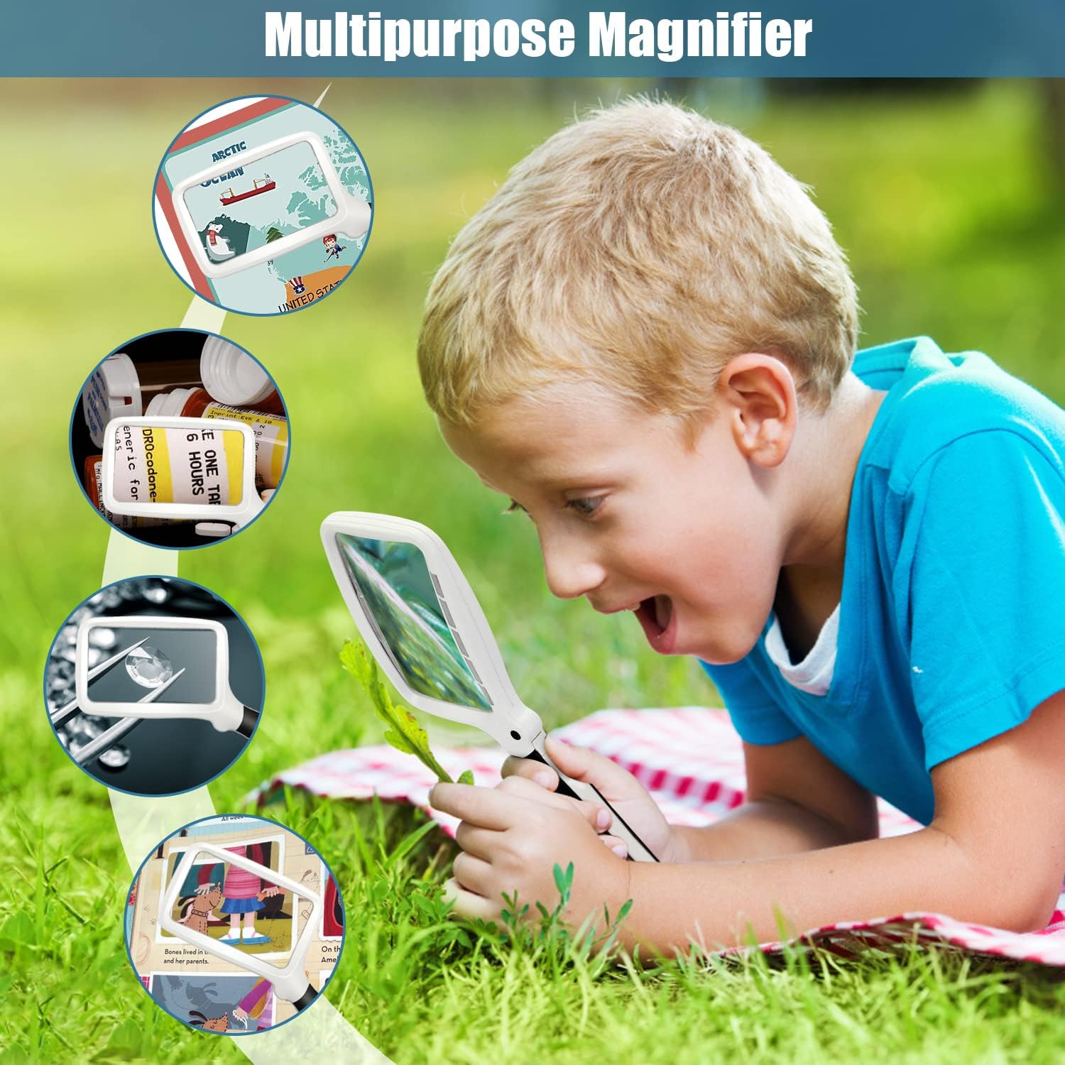Folding Handheld Magnifying Glass with Light, 5X Large Rectangle Reading Magnifier with Dimmable LED for Seniors with Macular Degeneration, Newspaper