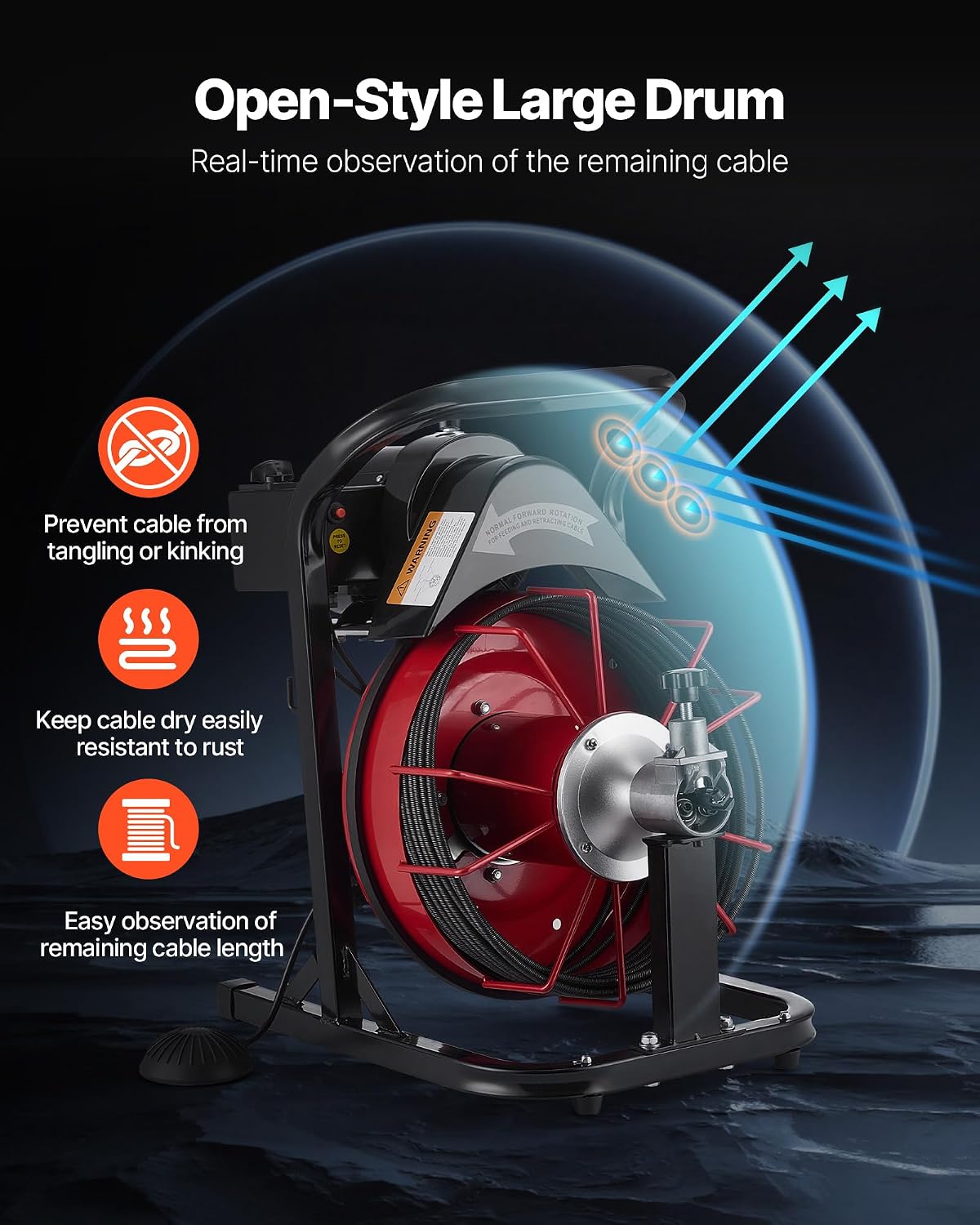 VEVOR Drain Cleaner Machine 75 FT x 3/8 Inch, Sewer Snake Auger Manual Feed with 4 Cutters & Air-activated Foot Switch for 2" to 4" Pipes