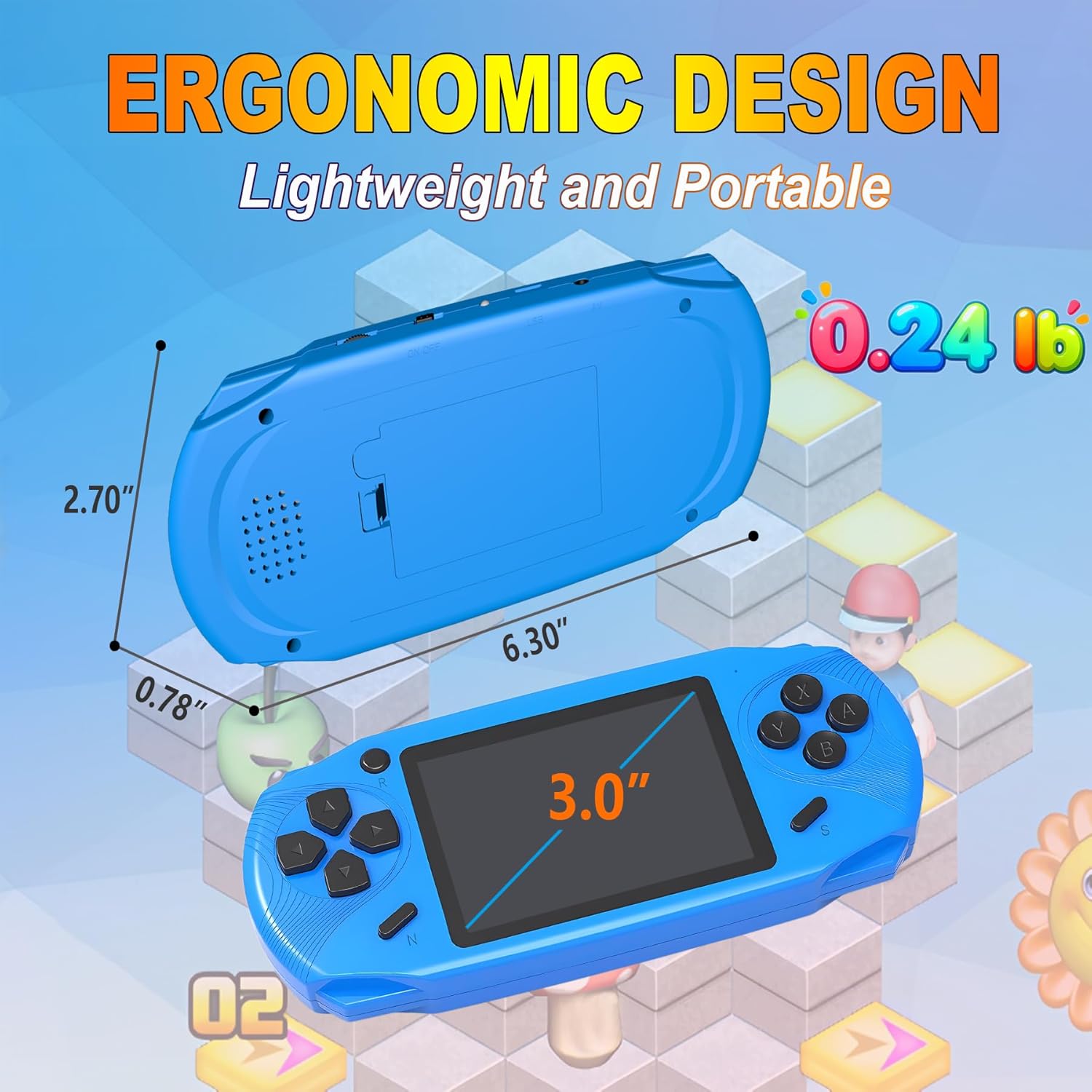 16 Bit Handheld Games for Kids Preloaded 220 Retro Video Games, Blue | 3.0" HD Screen, Rich Gameplay,USB-C Rechargeable, 6+Hrs Play, Portable Travel Toy for Car Flights,Boys Girls Birthdays Gift