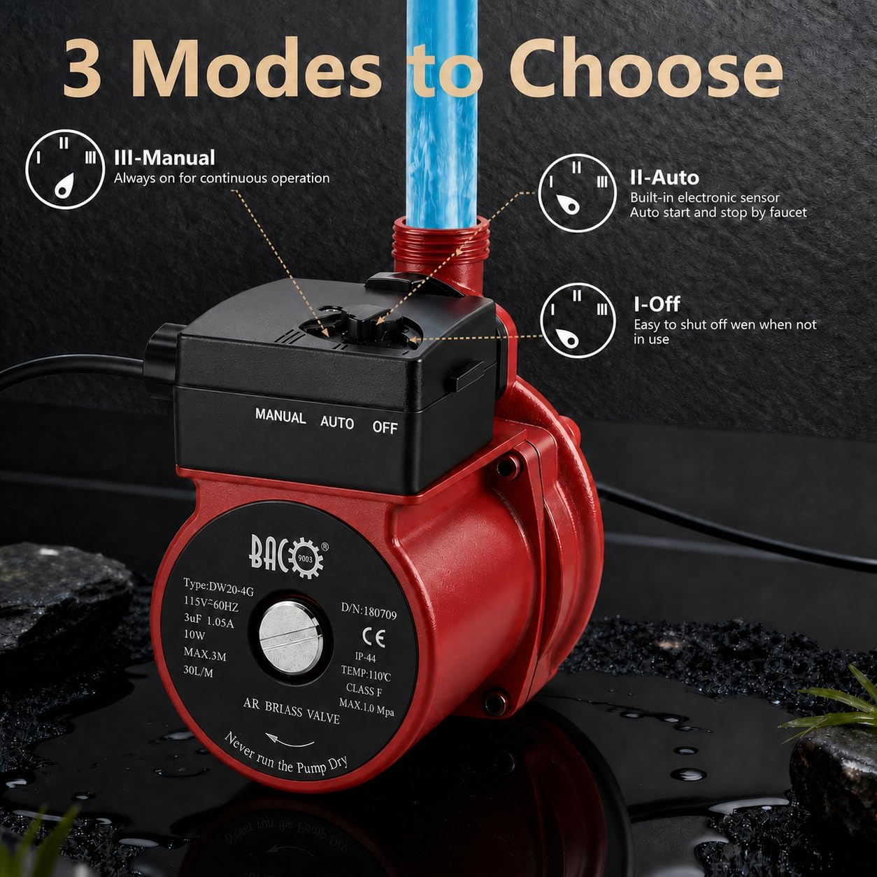 BACOENG Hot Water Recirculating Pump, Stainless Steel Head, Circulation Pump NPT 3/4", 3-Speed Control, Circulating Pump for Water Heater System