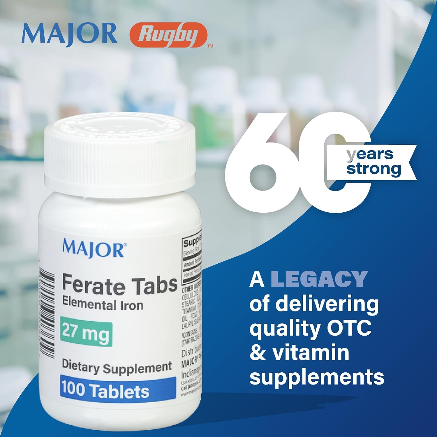 Major 27 mg Ferate Tabs - Ferrous Gluconate Elemental Iron Dietary Supplement - 100 Count (3 Pack)