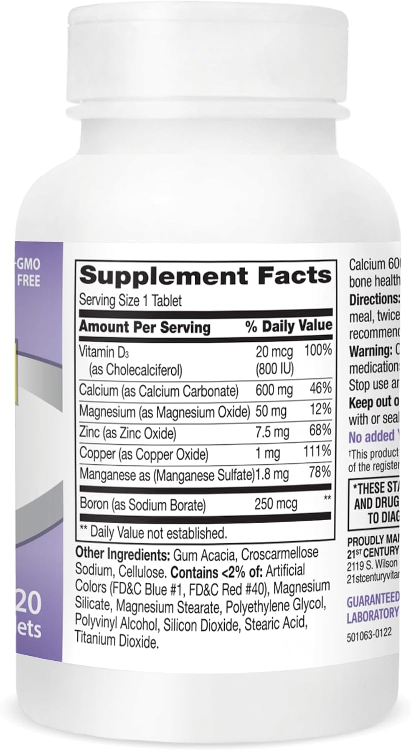 21st Century Calcium 600 Plus D Plus Minerals Caplets, Bone & Joint, 120 | Calcium 600 mg with Vitamin D3 & Essential Minerals
