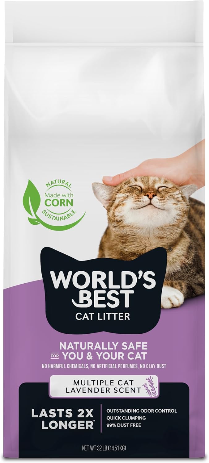 World's Best Cat Litter, Lavender Scented, Long-Lasting Odor Control, 15 lb | Controls multi-cat odors with a calming lavender scent; natural corn litter, quick clumping, flushable, 99% dust free formula