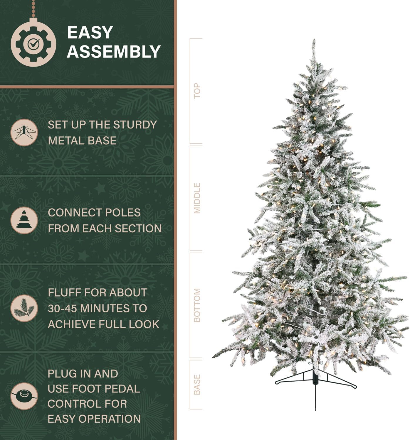 Fraser Hill Farm 7.5-Ft. Mountain Pine Flocked Artificial Christmas Tree with Stand, Unlit Foldable Fake Tree with Realistic Snowy Foliage for Home Decoration