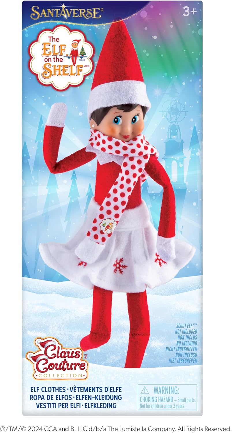 The Elf on the Shelf Claus Couture Collection Snowflake Skirt & Scarf – Red and White Holiday Outfit for Scout Elves – Festive Elf Clothes Accessory – Scout Elf Not Included