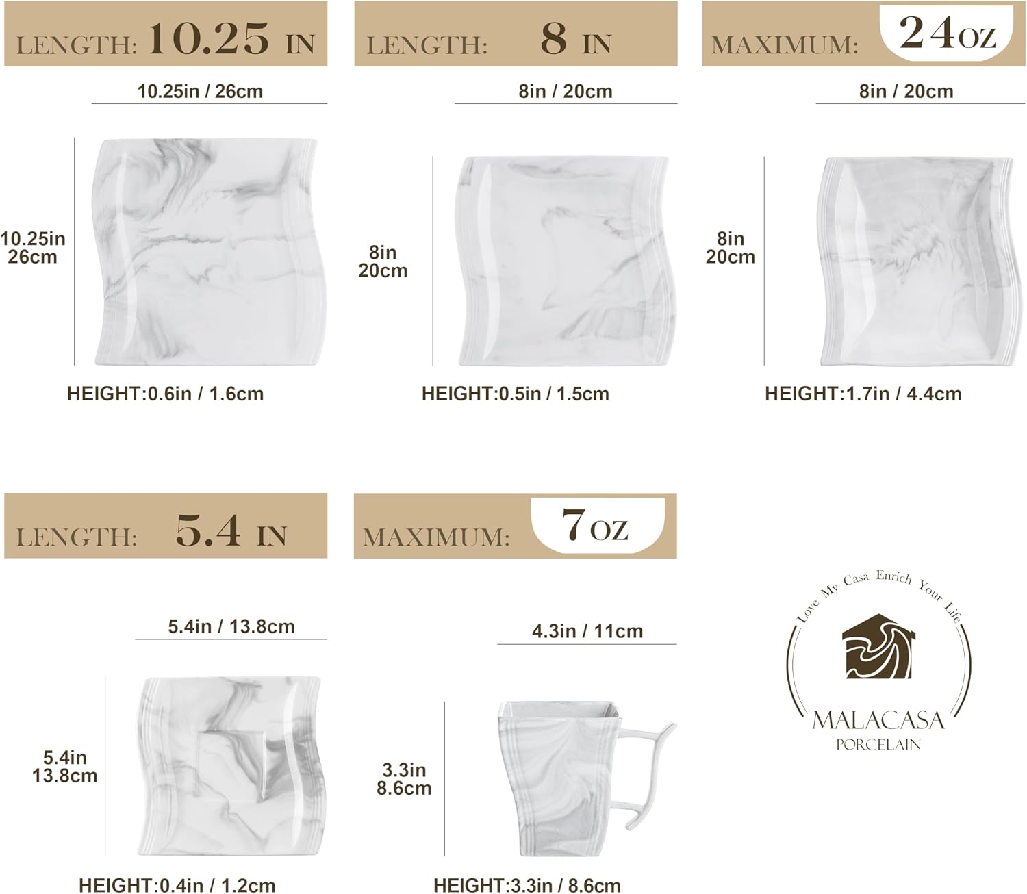 MALACASA Plates and Bowls Sets, 26 Pieces Ivory White Porcelain Dinnerware Sets without Mugs, Square Dinnerware with Dinner Plates, Bowls and Serving Platters, Modern Dish Set for 6, Series Flora