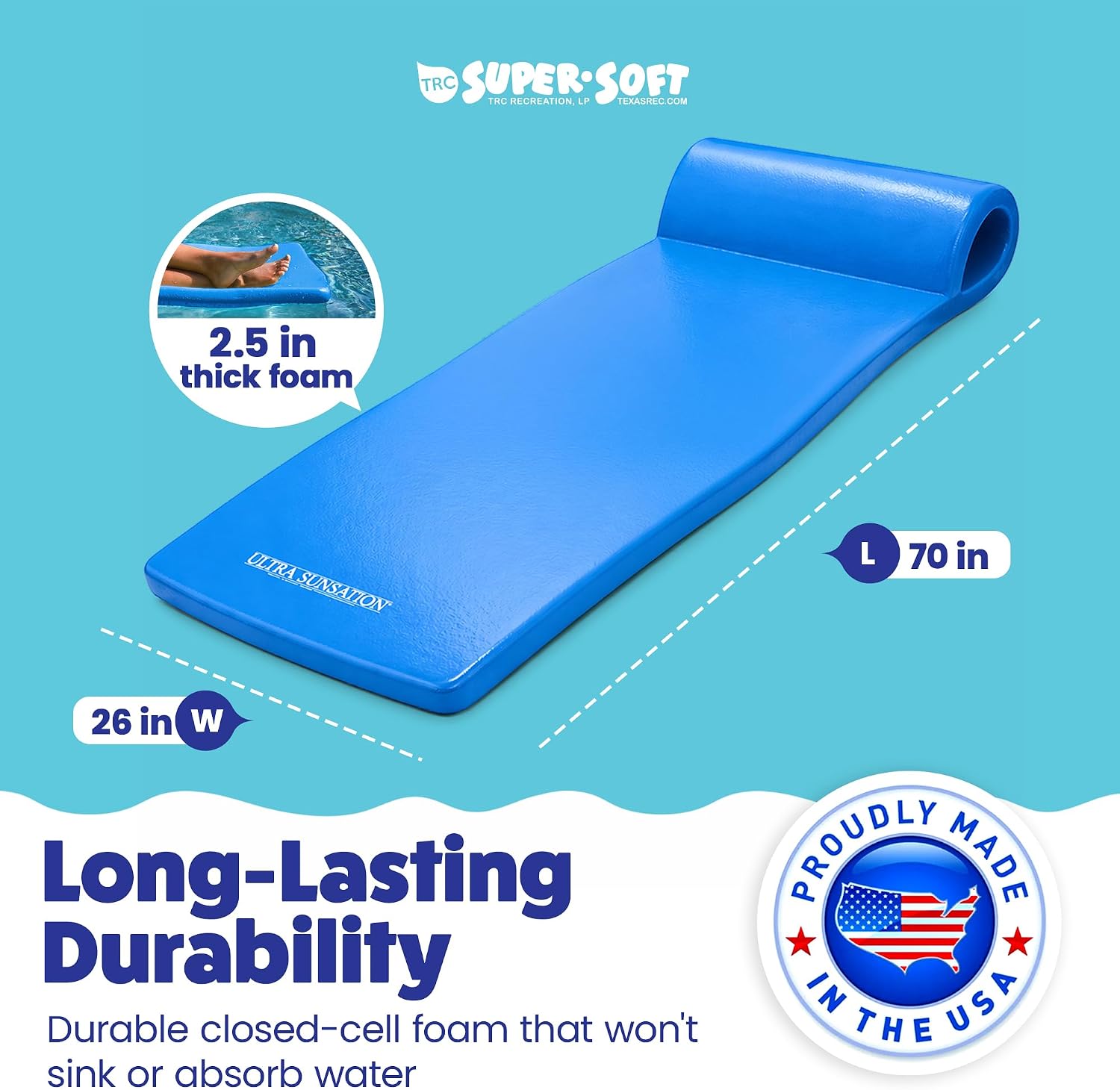 TRC Recreation Ultra Sunsation 2.5” Thick Vinyl Coated Foam Swimming Pool Float Mat Adult Lounger with Built-in Roll Pillow
