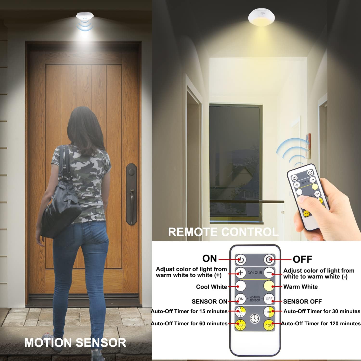 BIGMONAT Wireless Ceiling Light with Remote and Timer, Dimmable Motion Sensor Shower Light