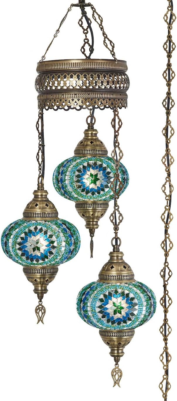 DEMMEX Plug-in Turkish Hanging Lamp, Handmade Moroccan Mosaic Chandelier Pendant Light Fixture with 15-ft Cord & Chain, Decorative Ceiling Lamp for Living Room, Bedroom, 3 Large 7'' Globes, 3.5 ft.