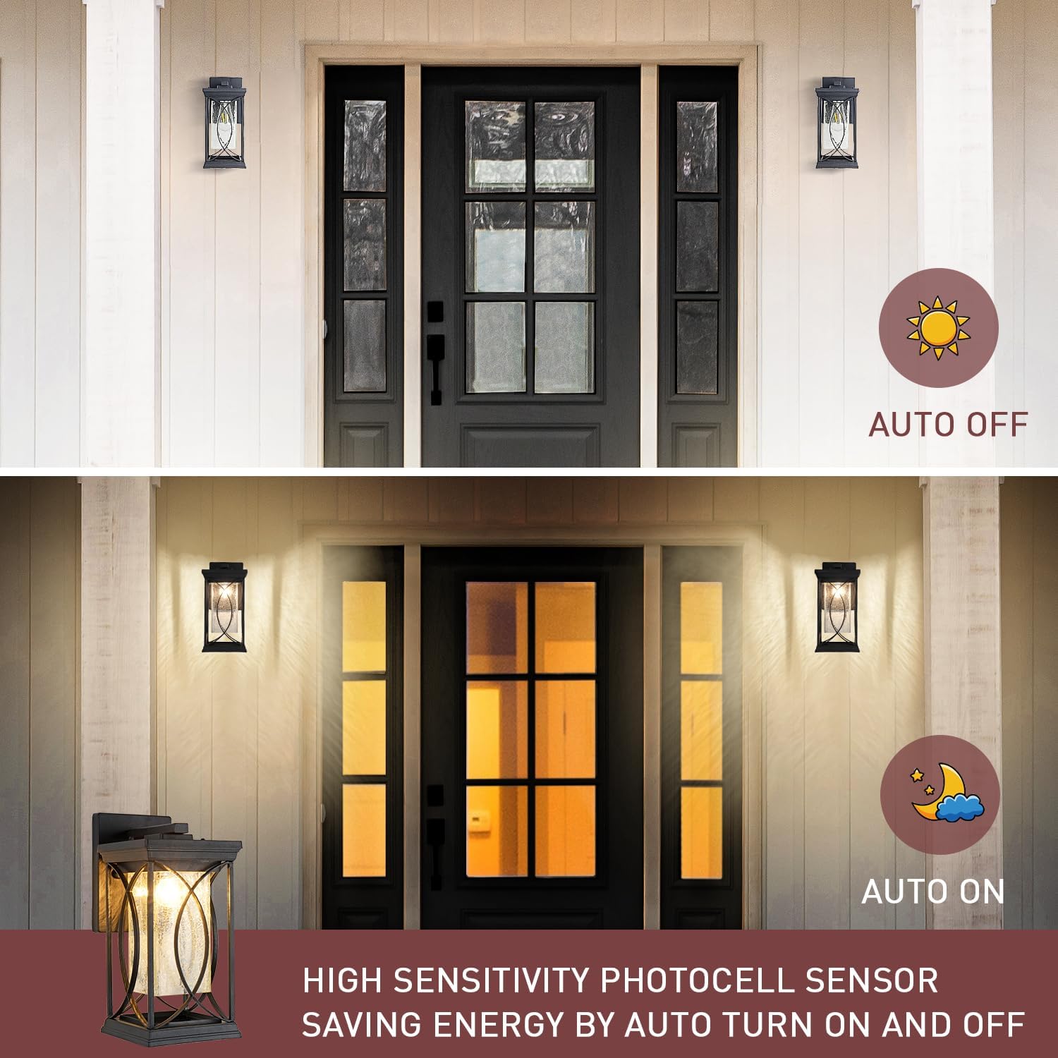 Dusk to Dawn Modern Outdoor Coach Lantern Exterior Light Fixtures Black Aluminum with Crack-Like Glass Waterproof Wall Sconce Mission Outside Light