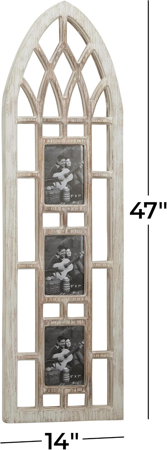 Deco 79 Wooden Wall Photo Frame Slim Arched Window Inspired 3 Slot , 14" x 1" x 47", Light Brown