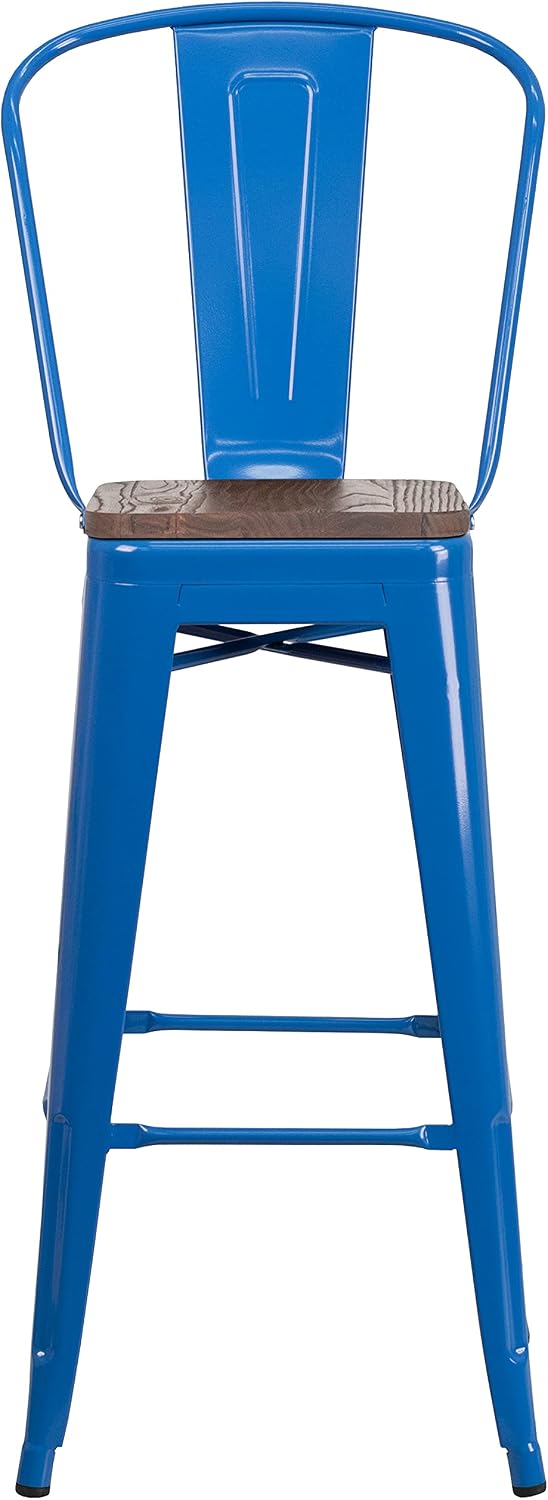 Flash Furniture 30 in Metal Barstool with Back, Blue | Commercial Grade, Removable Back, Indoor/Outdoor Use