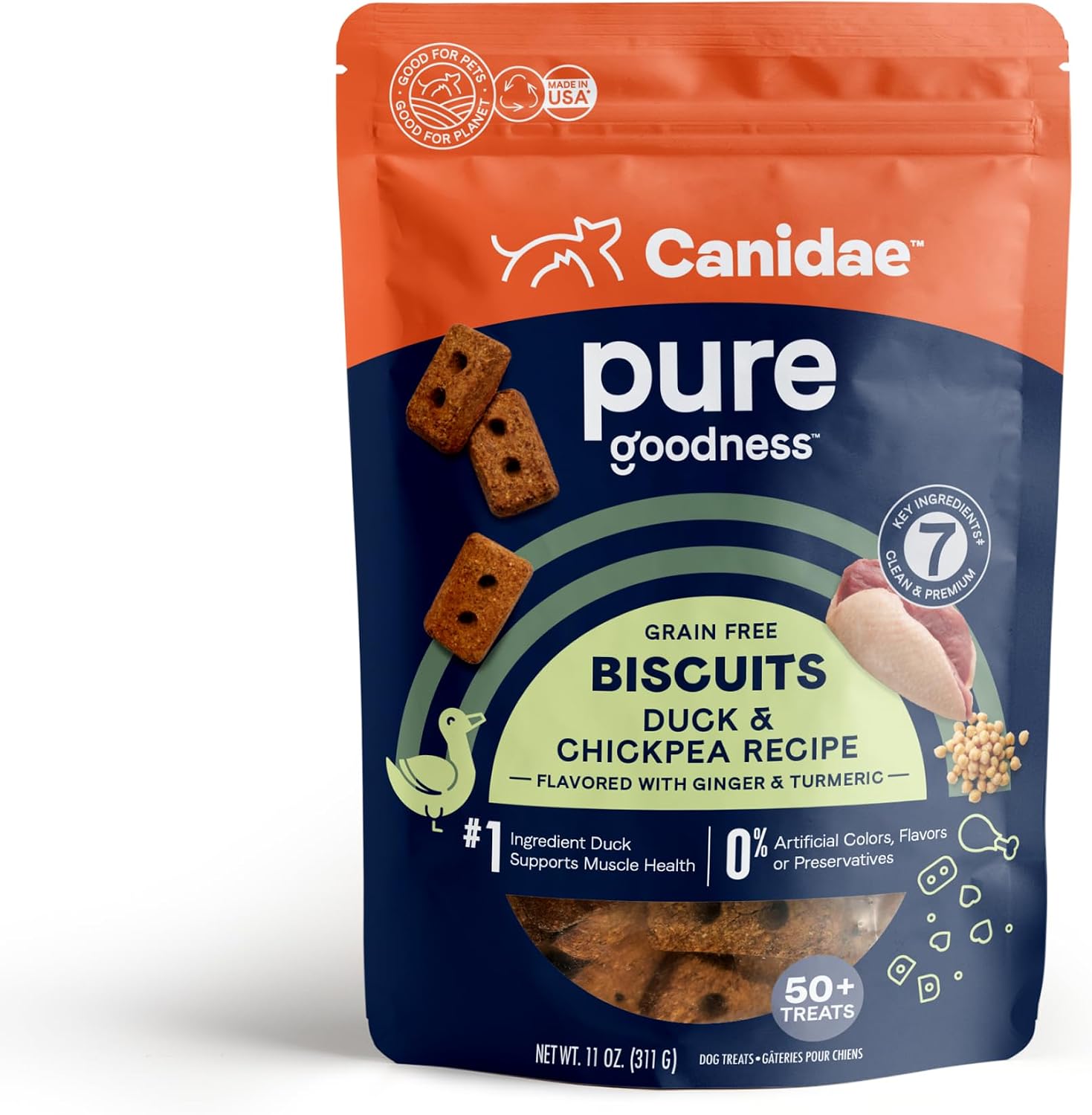 Canidae Pure Dog Treat Biscuits - Healthy & Nutrient Rich Dog Treats - Grain-Free Limited Ingredient Formula - Soy-Free - Crunchy Texture - Easy-Snap Design - 11 oz - Duck & Chickpea Recipe