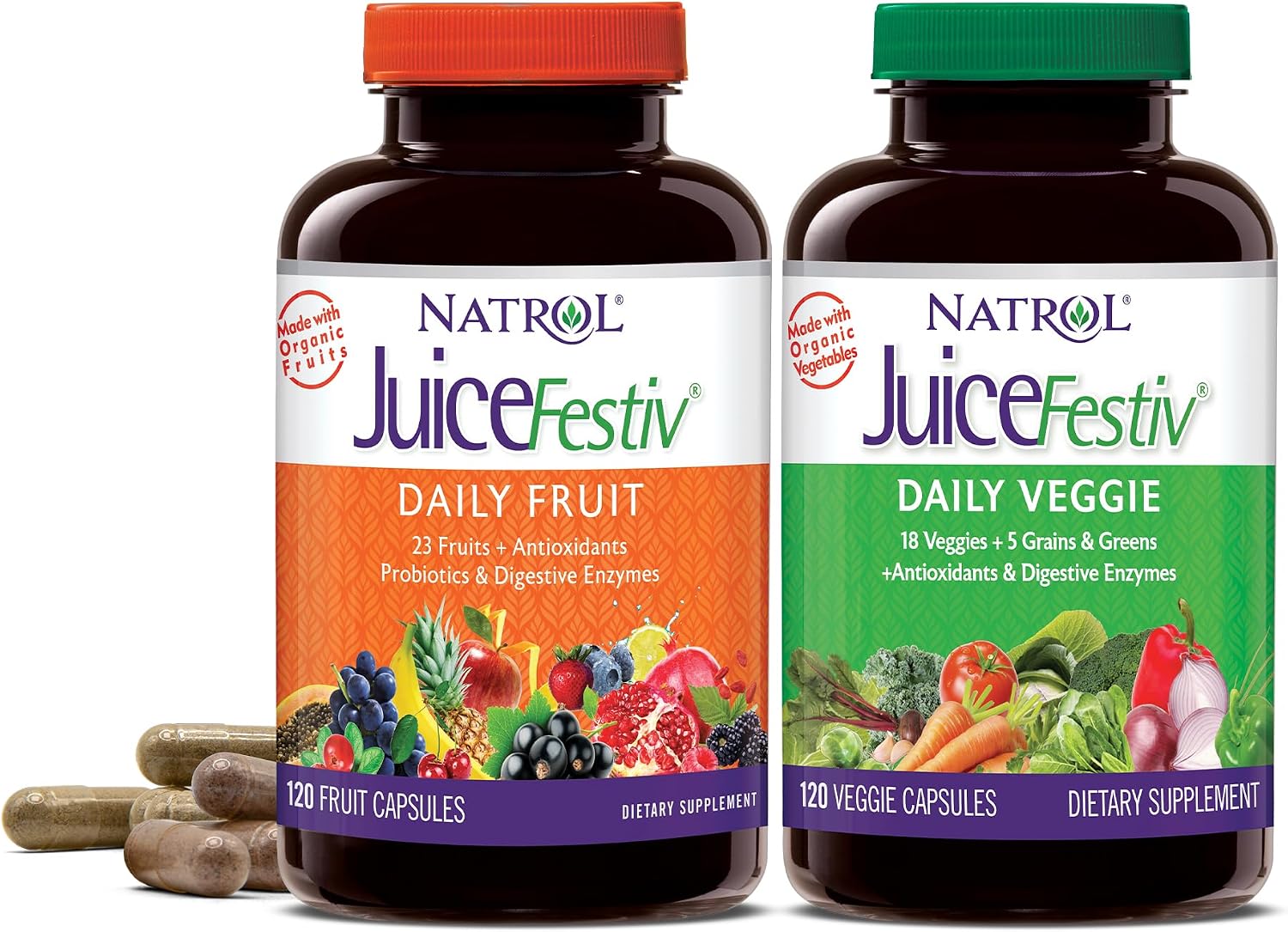 Natrol JuiceFestiv Vitamins and Supplements, 90 Capsules (2-Count) | For Nutrition & Well-being, Antioxidants for Cellular Health, Daily Fruit & Veggie Capsules, 180 Capsules, 45 Day Supply
