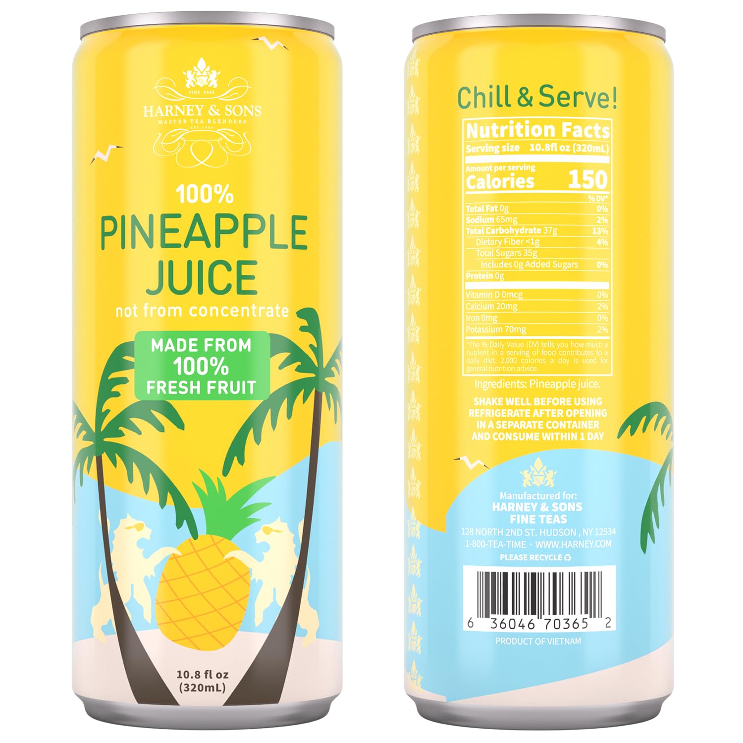 Harney & Sons Pineapple Juice, 12 Cans, 10.8 fl oz | 100% pineapple juice not from concentrate. Twelve 10.8 fl oz cans. Caffeine free.