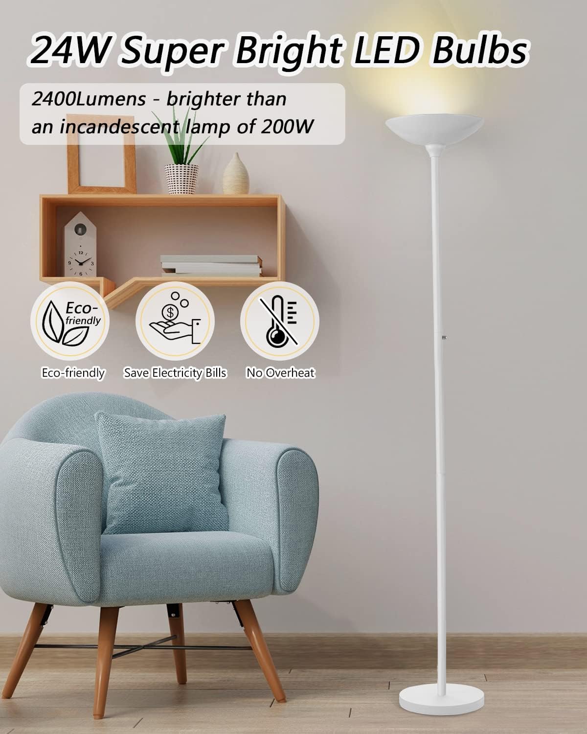 BoostArea Torchiere Floor Lamp, 30W Super Bright LED Standing Lamp, Stepless Dimmable Pole Lamp with 3000K Lighting, Rotary Switch
