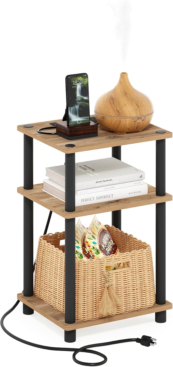 Furinno Turn-N-Tube End Table Corner Shelves, Set of 2, Dark Cherry/Black | Stackable Modern End Table with Open Shelf, Night Stand, Bedside Table, for Living Room, Bedroom