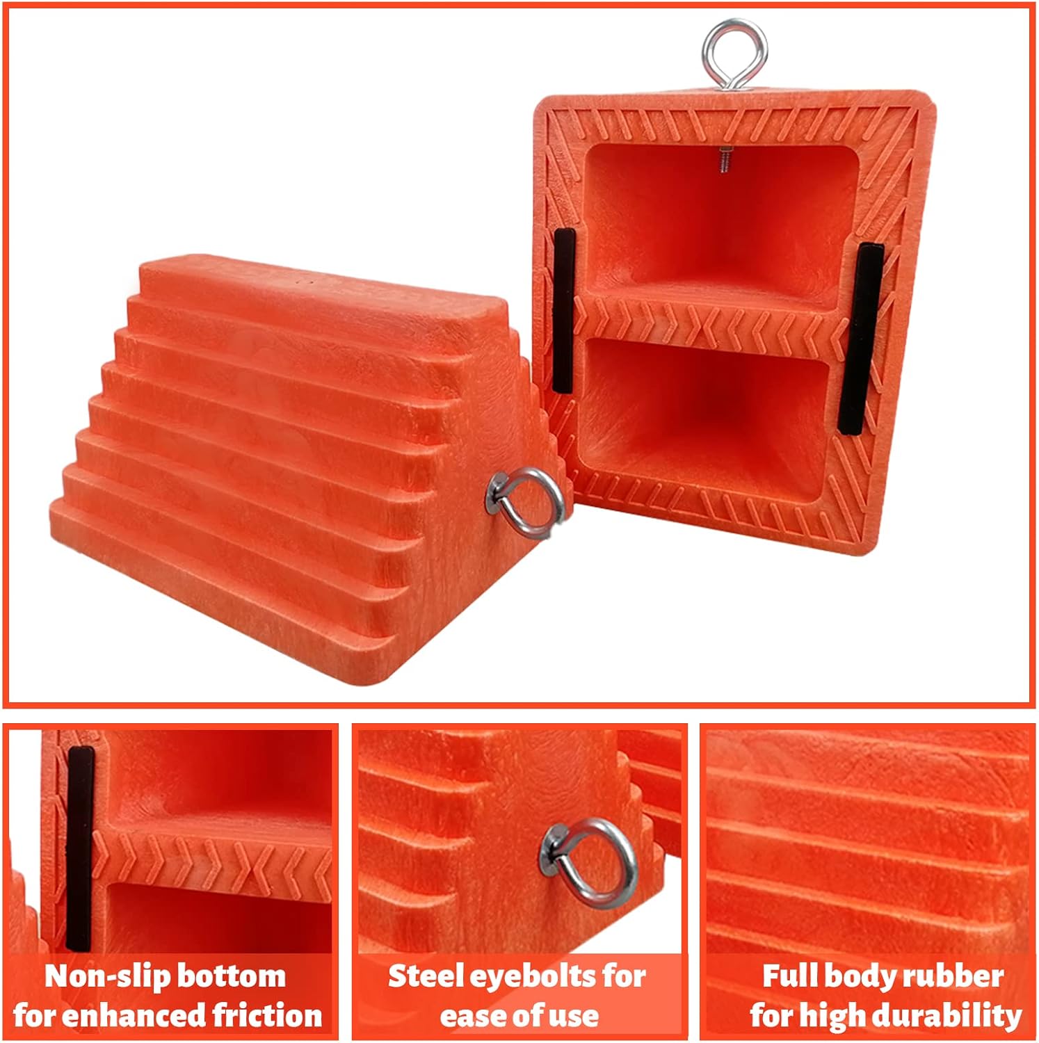 ROBLOCK 2 Pack Wheel Chocks Heavy Duty Orange with Eyebolt for Travel Trailer, 10" Length x 8" Width x 5.7" Height