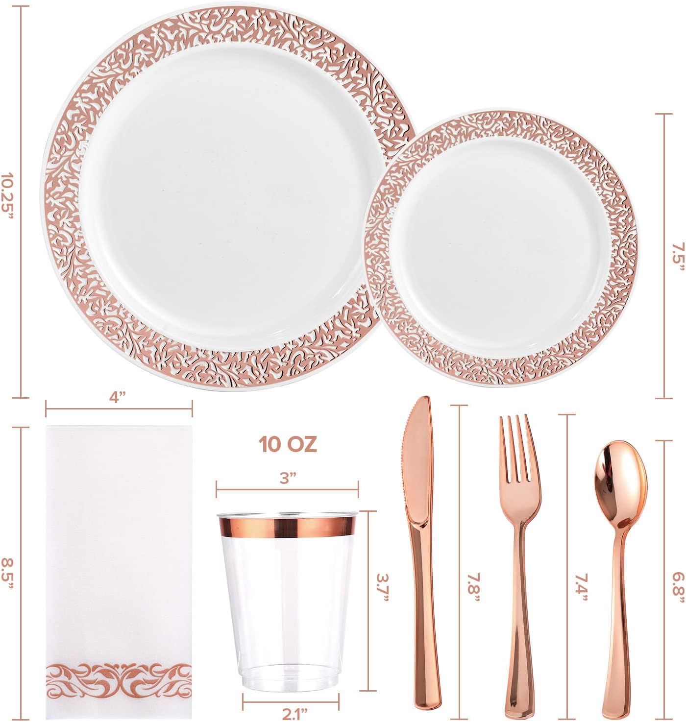 FOCUSLINE 175 Pieces Rose Gold Disposable Dinnerware Set for 25 Guests