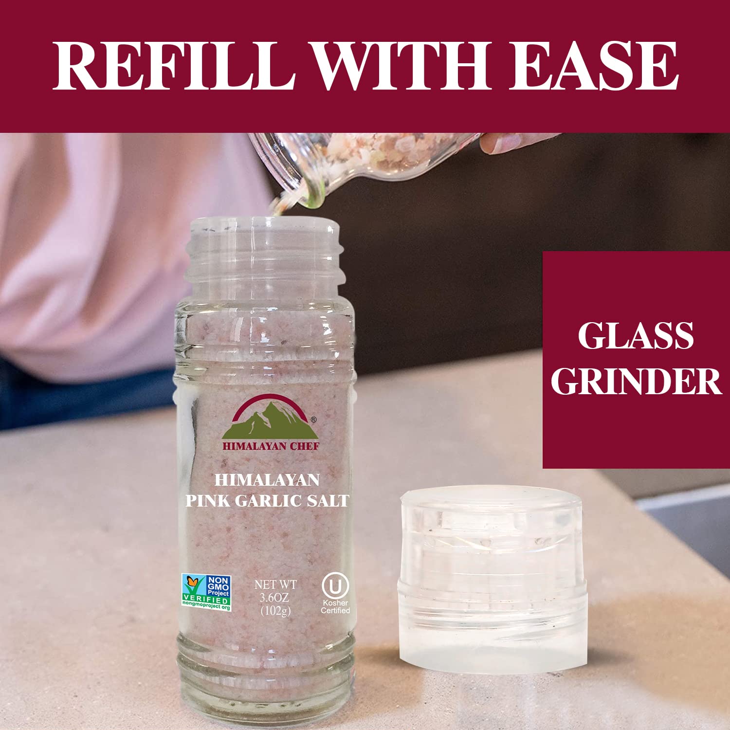 Himalayan Chef Himalayan Pink Garlic Salt -3.6 Oz (Pack of 1), Small Grinder of Garlic Salt Seasoning, Natural & Certified