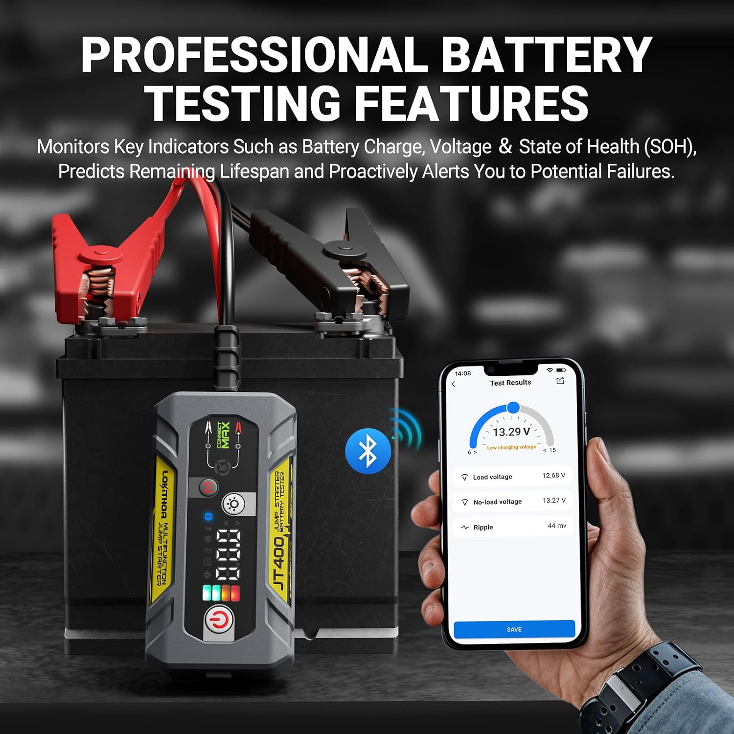 LOKITHOR JT400 2500A Portable Jump Starter with 100–2000 CCA Battery Tester, 12V Car Battery Jump Starter for Up to 8.5L Gas or 6.5L Diesel Engines, Smart Bluetooth Automotive Battery Load Tester