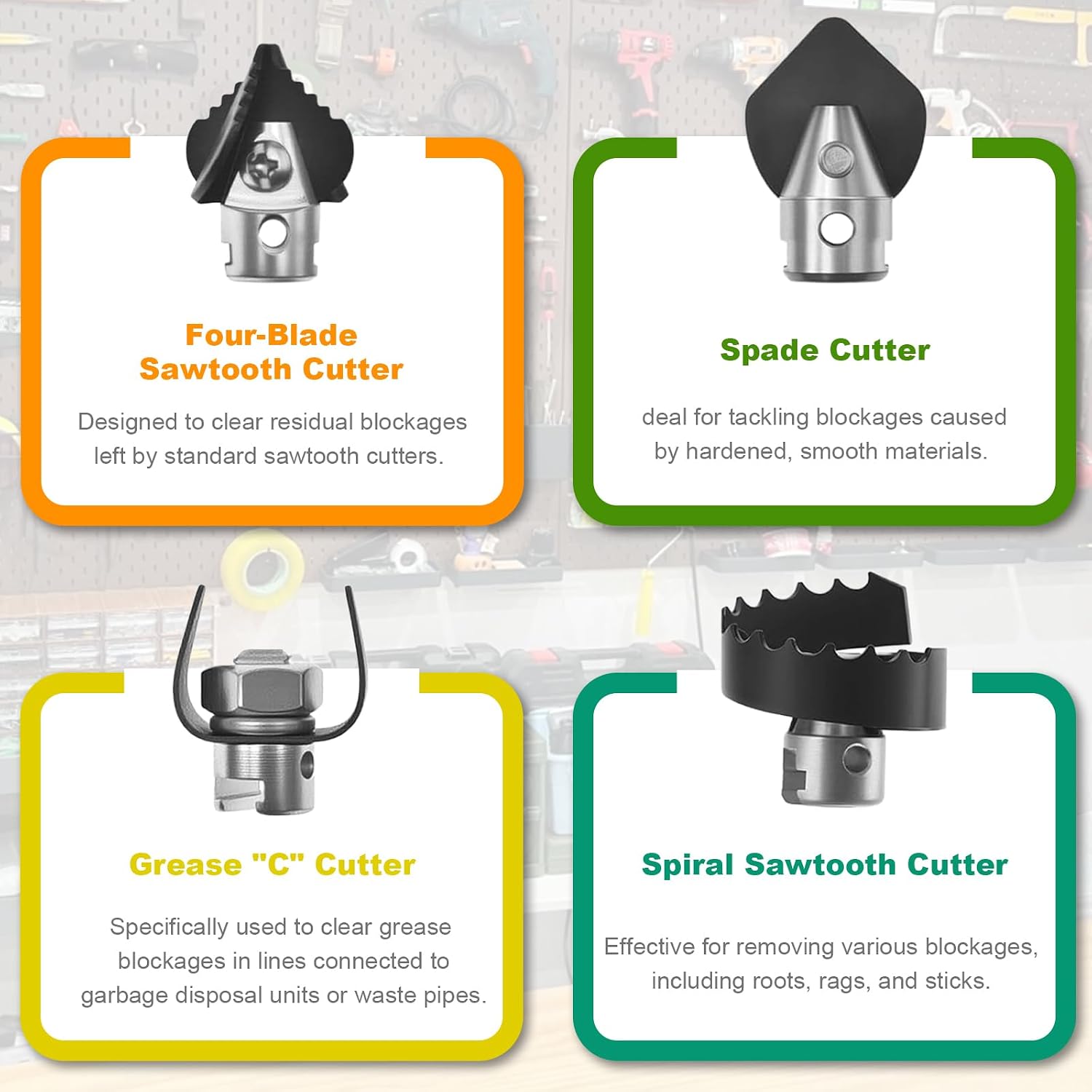 10Pcs Drain Snake Drill Attachment, Compatible with K-400, C-4, C-6, C-7, C-8, C-9, Drain Auger Cutter Kit for 5/8" Drain Snake Cable Heads Tips