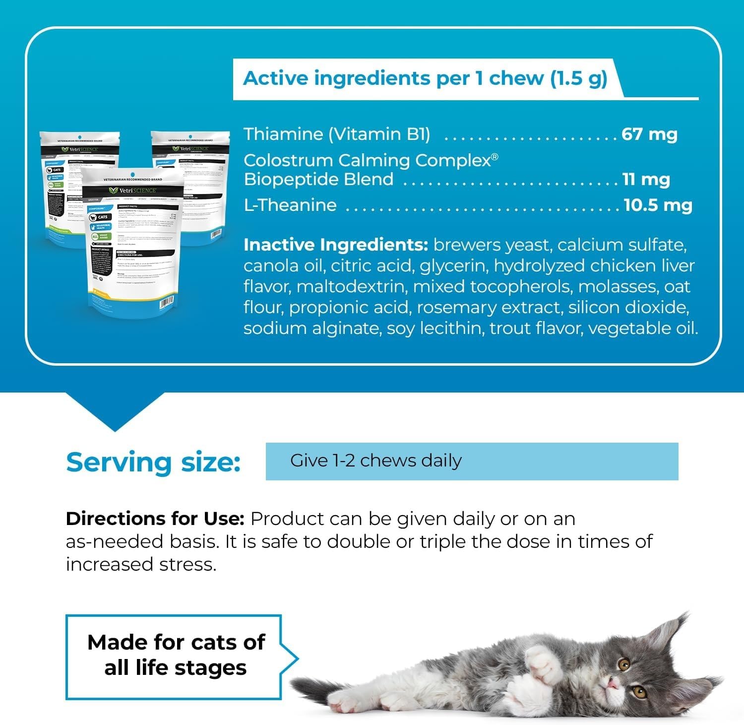 VetriScience Composure Calming Chews for Cats – Supports Relaxation & Balanced Behavior During Travel & Vet Visits, Daily Stress & Anxiety Support Supplement, Chicken Flavor, 30 Count