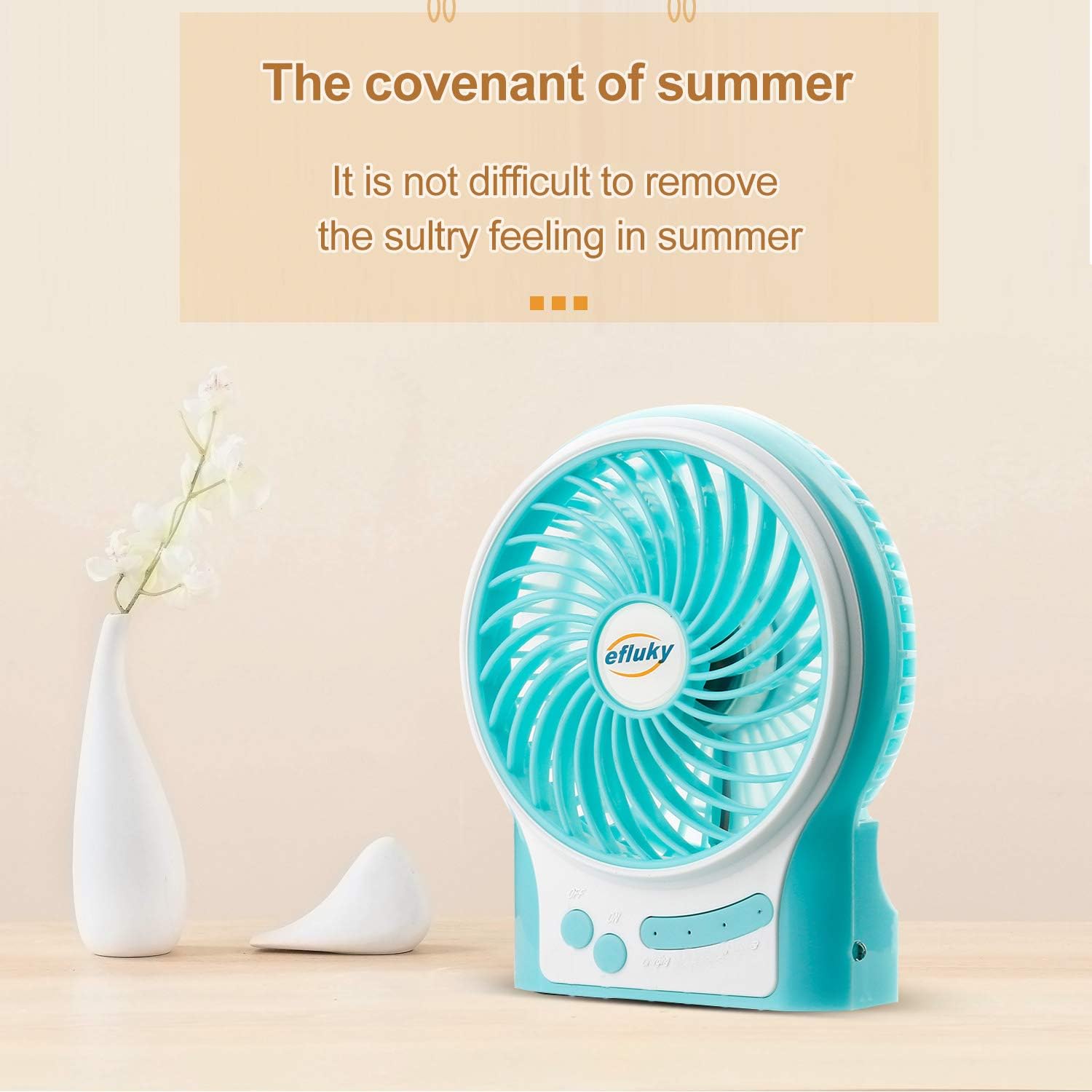 efluky 4.9-Inch Mini Desk Fan - 3 Speeds, Rechargeable Battery/USB Powered with LED Light, Quiet Portable Fan for Home, Office, Travel, Camping (Black)