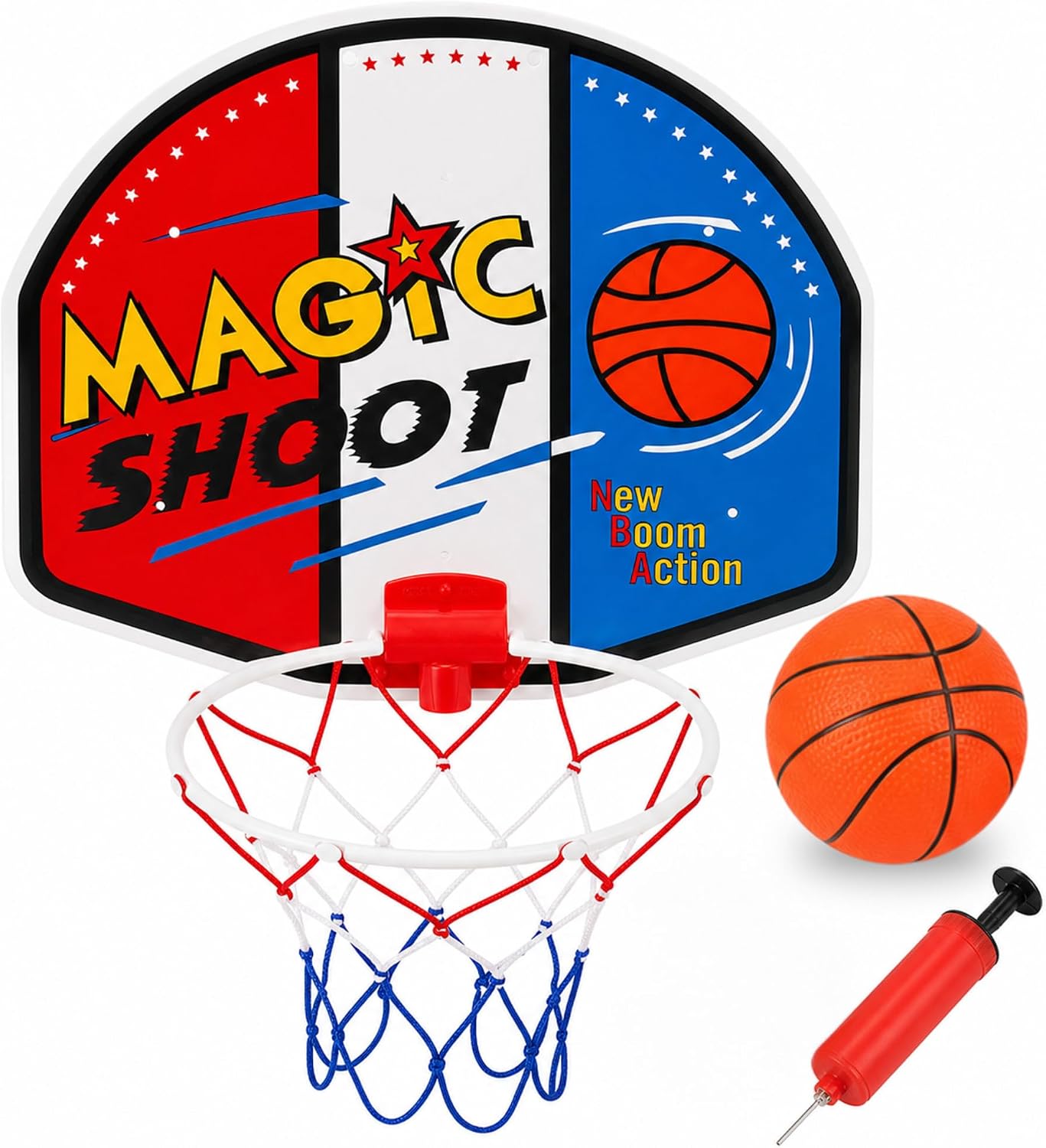 Indoor Mini Basketball Hoop Set, 16 x 13 in Backboard, Ball and Manual Pump | Over The Door Basketball Hoop With 9-Inch White Rim, 4.5-Inch Ball