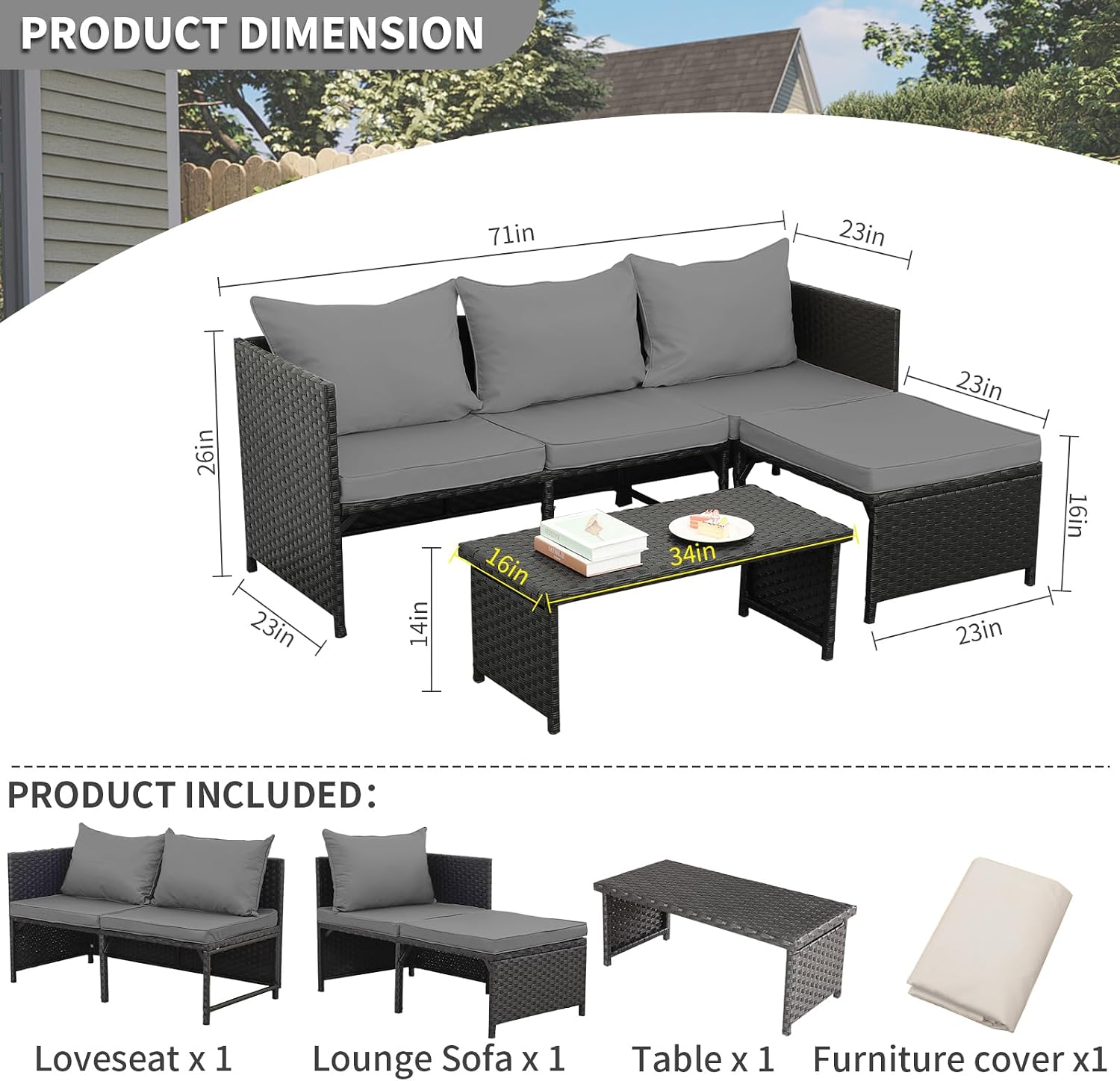 Valita 3-Piece Outdoor PE Rattan Furniture Set Patio Black Wicker Conversation Loveseat Sofa Sectional Couch Khaki Cushion