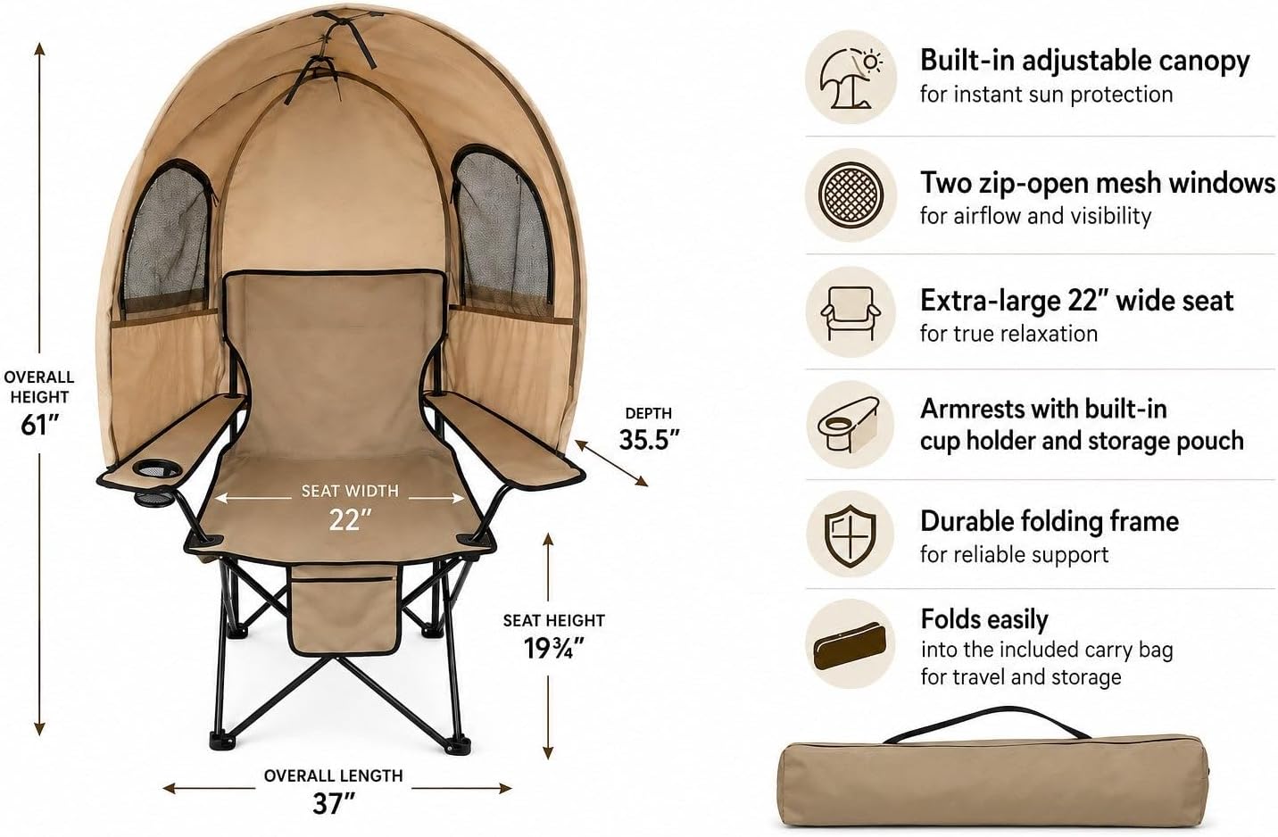 BrylaneHome Oversized Camp Chair with Canopy - Taupe