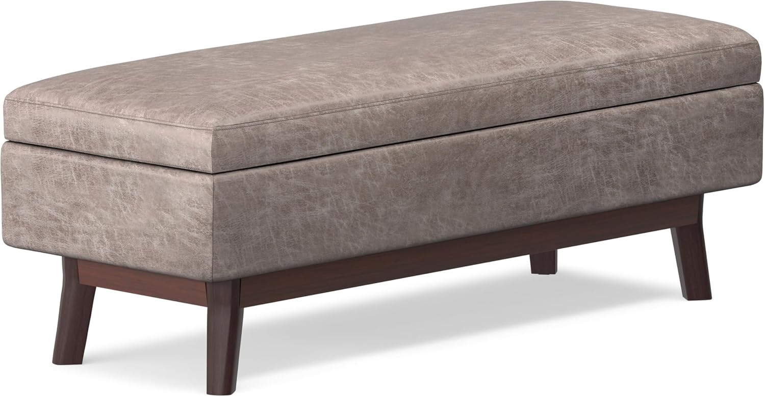 SIMPLIHOME Owen 34" Wide Vegan Leather Lift Top Ottoman in Dark Blue