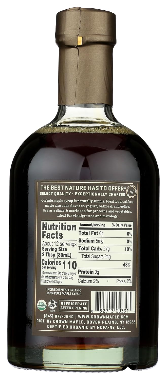 Crown Maple Organic 100% Pure Amber Color Rich Taste Maple Syrup, Flavor Marinades, Cocktails, Pancakes, Squash & Bacon, 12.7 Fl Oz