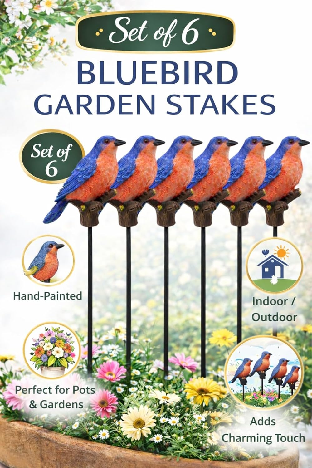 Bluebird Garden Stakes Set of 3 – Decorative Metal Yard & Plant Stakes – Bluebird Outdoor Décor for Flower Pots